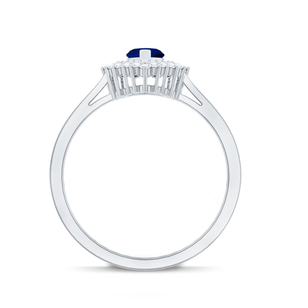 Real 0.6 Carat Heart Shaped Blue Sapphire and Diamond Double Halo Engagement Ring