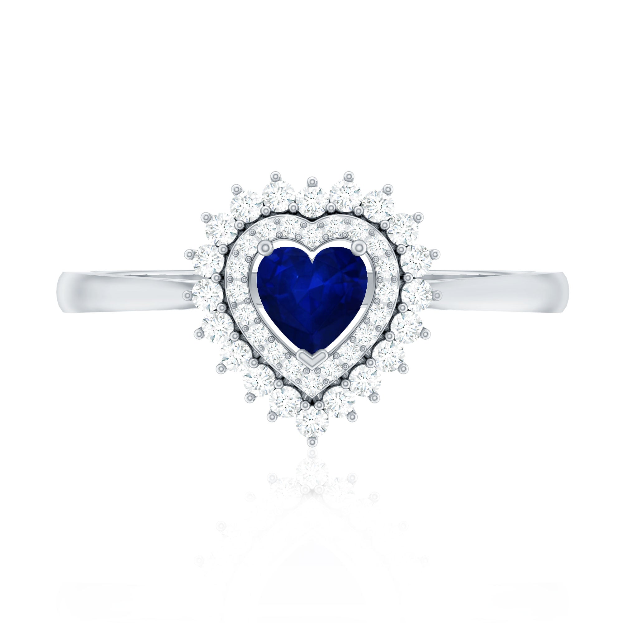 Real 0.6 Carat Heart Shaped Blue Sapphire and Diamond Double Halo Engagement Ring