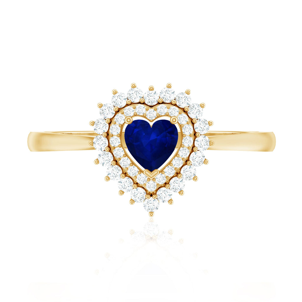 Real 0.6 Carat Heart Shaped Blue Sapphire and Diamond Double Halo Engagement Ring