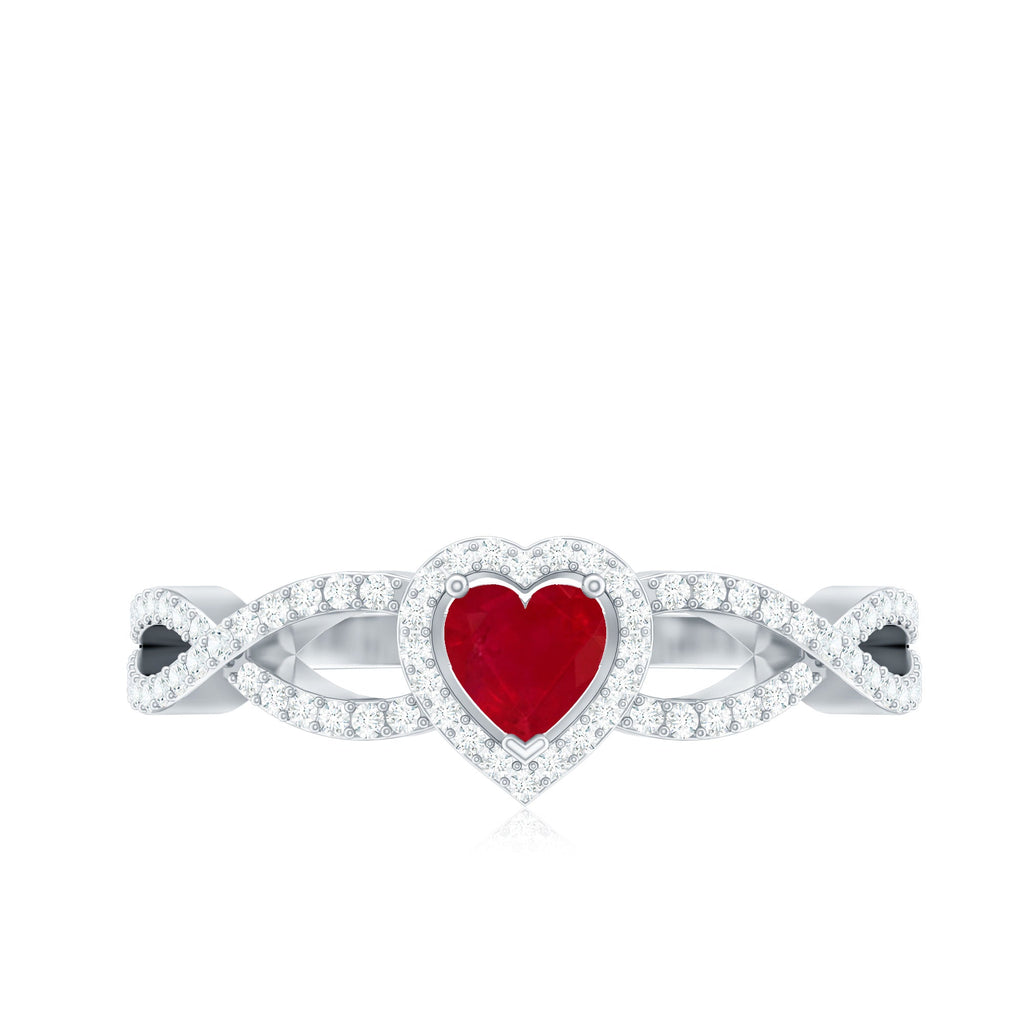 Natural Ruby Heart Promise Ring with Diamond Crossover Shank