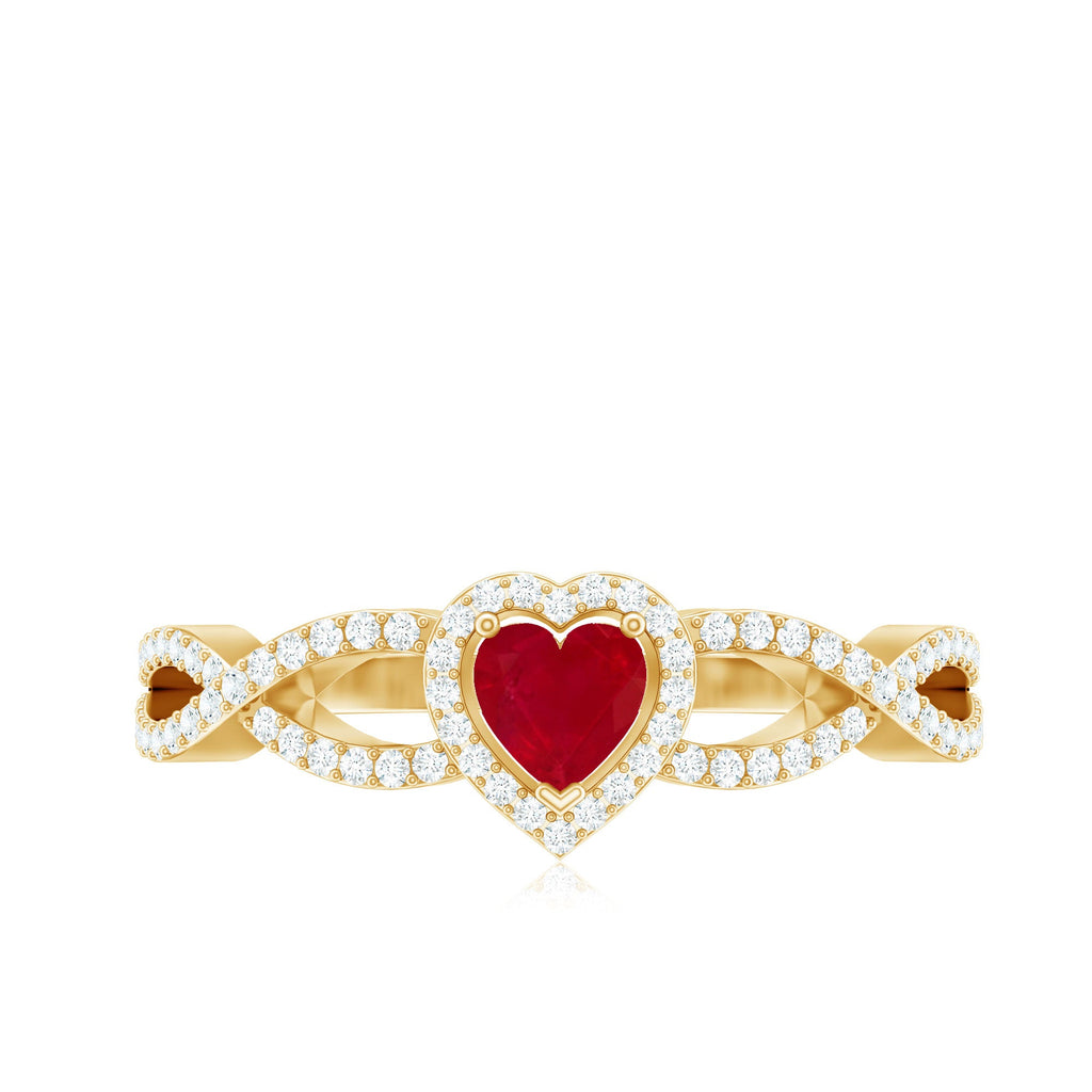 Natural Ruby Heart Promise Ring with Diamond Crossover Shank