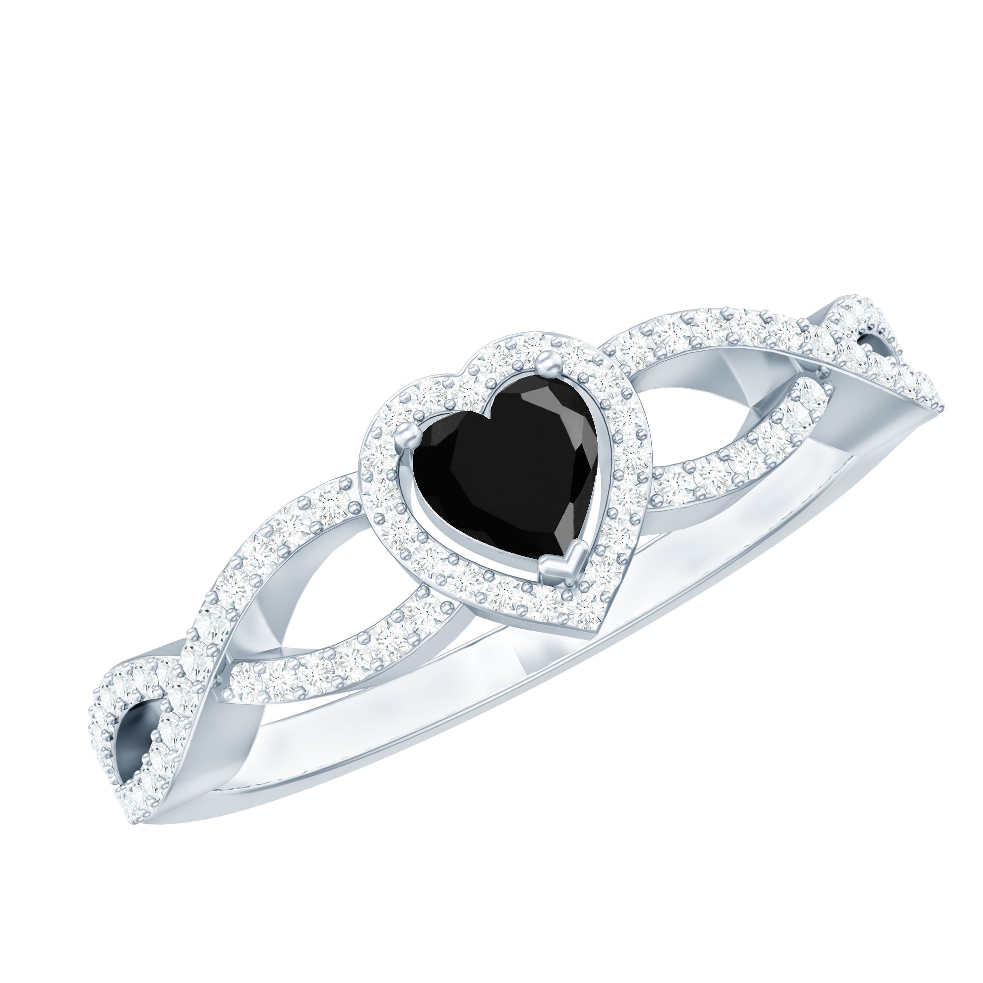 0.6 Carat Lab Grown Black and White Diamond Heart Engagement Ring with Crossover Shank