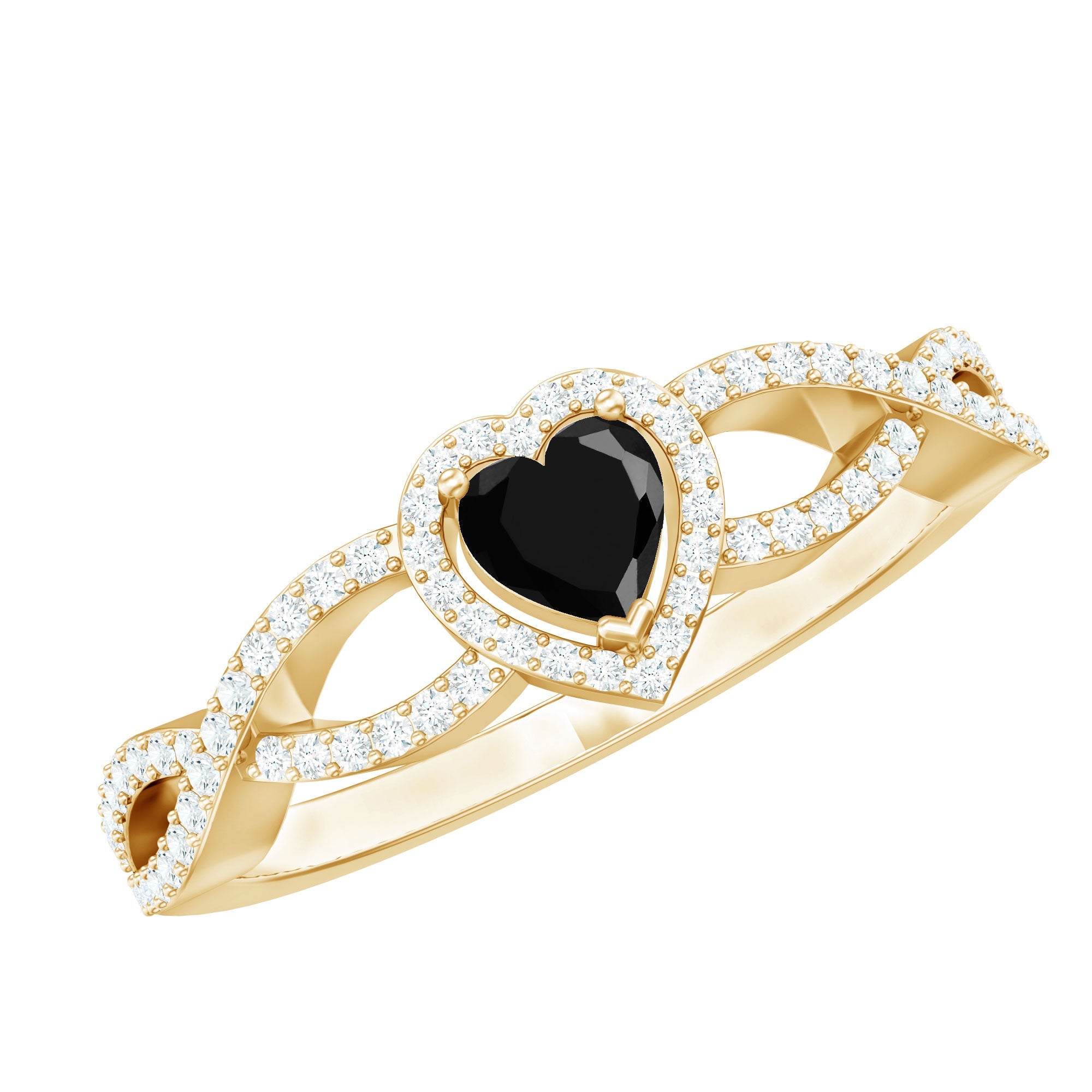 0.6 Carat Lab Grown Black and White Diamond Heart Engagement Ring with Crossover Shank