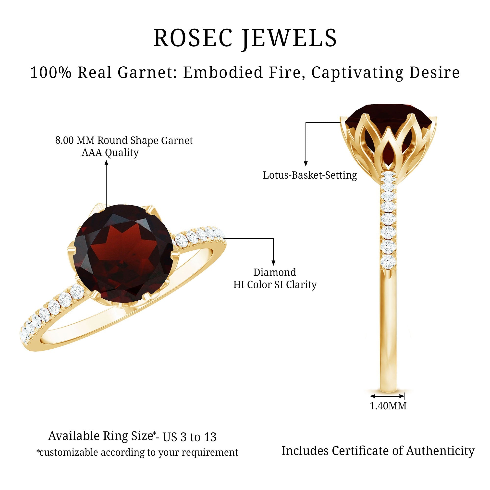 Natural 8mm Garnet Solitaire Engagement Ring with Diamond