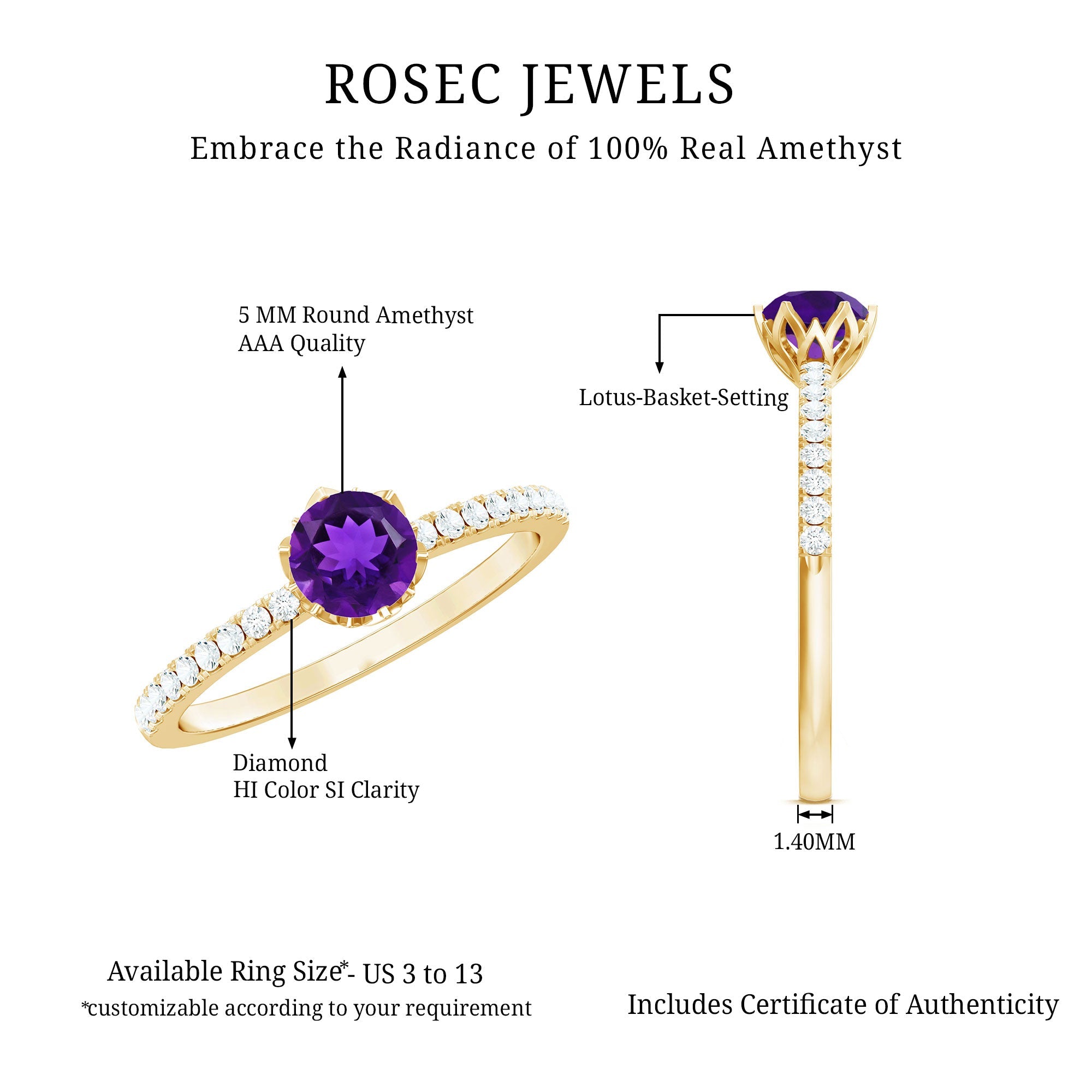 Genuine Amethyst Diamond Promise Ring for Women