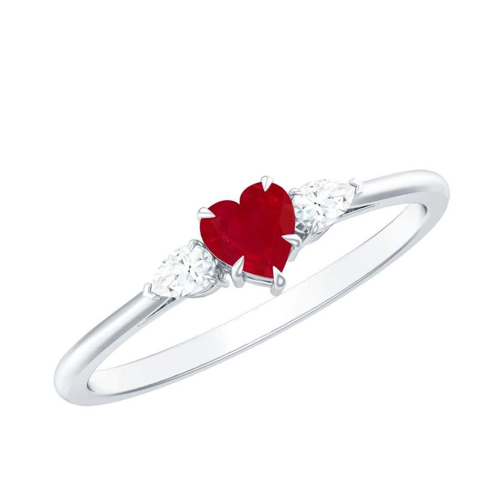 Natural 0.6 Carat Heart Shape Ruby Diamond 3 Stone Promise Ring