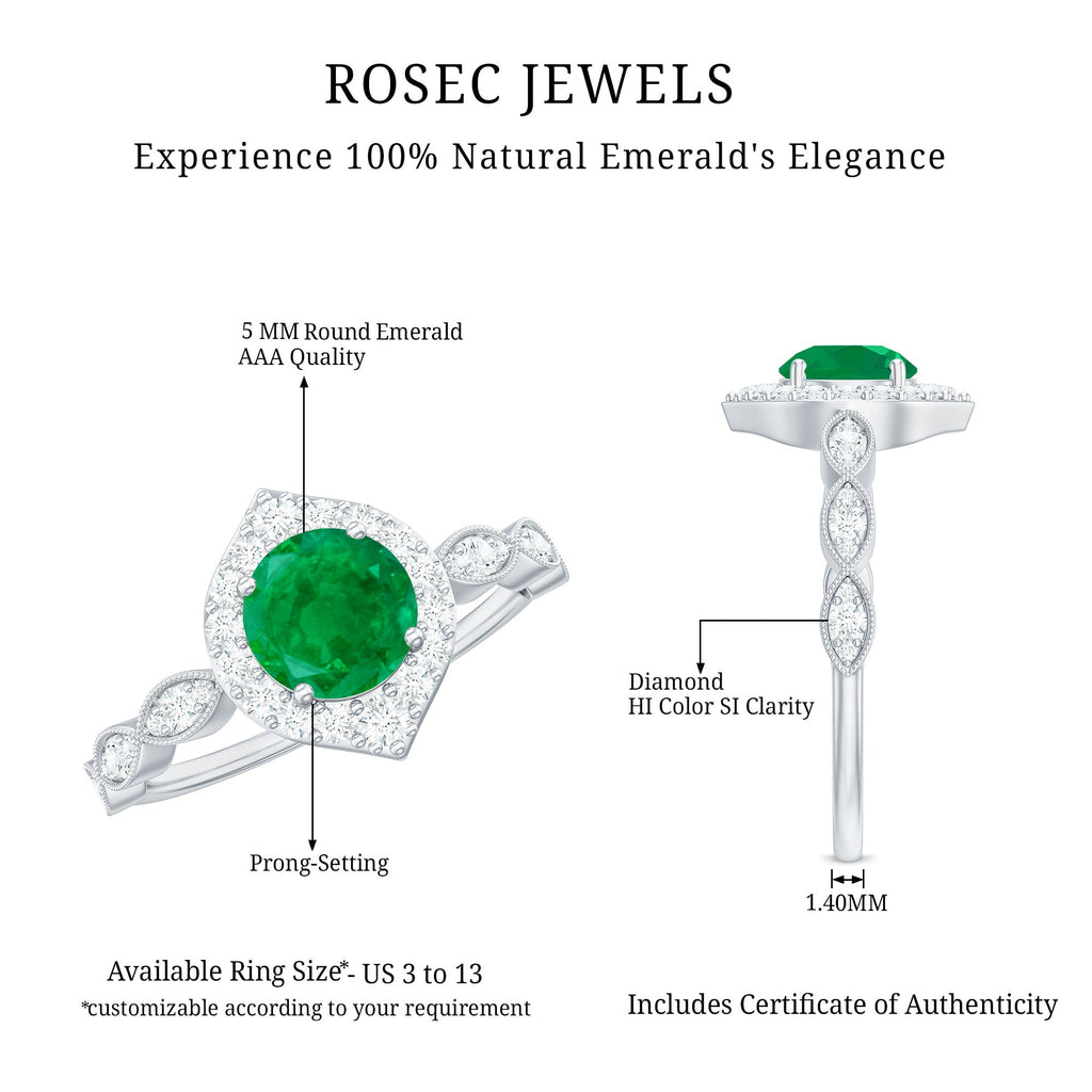 Natural Emerald Vintage Looking Engagement Ring with Diamond Halo