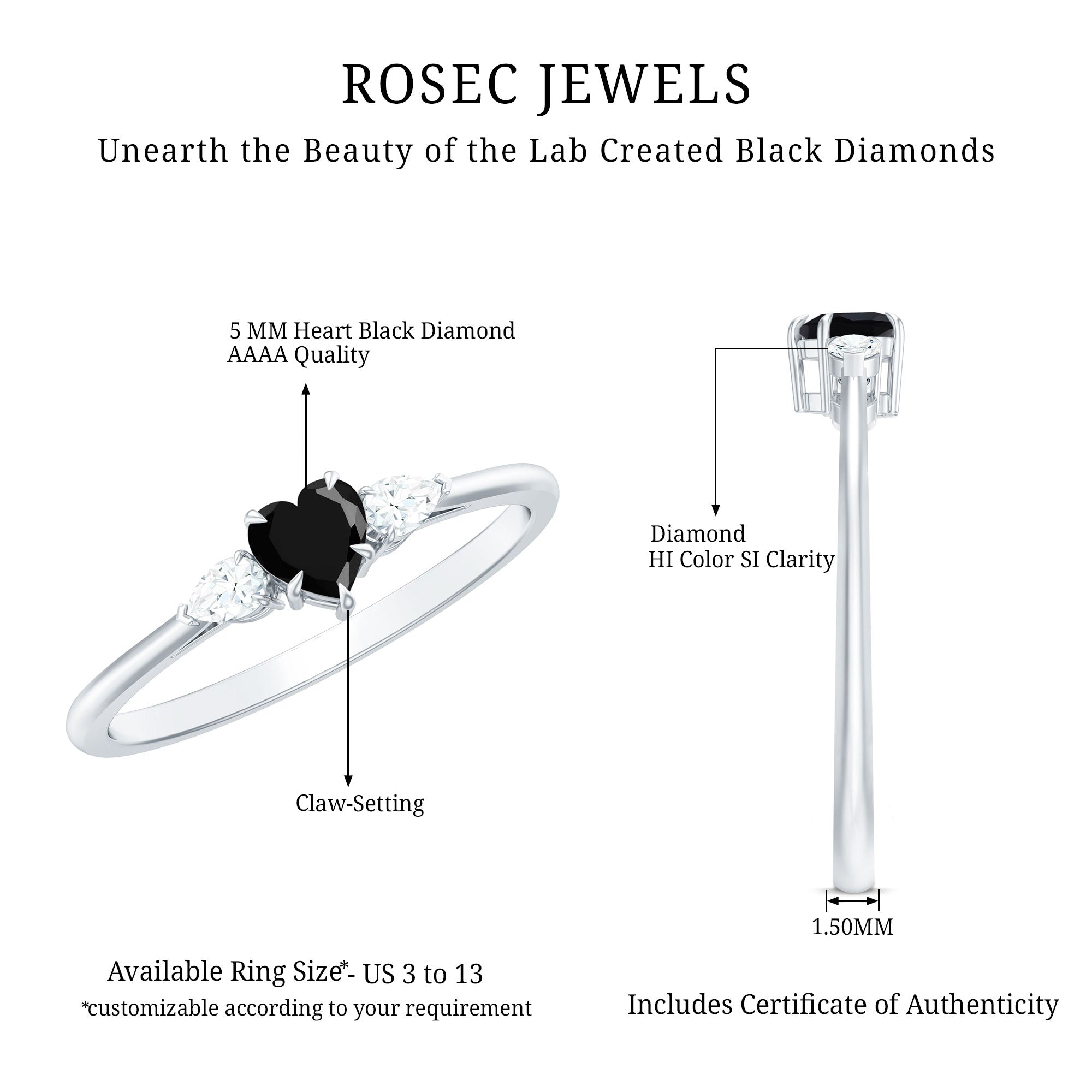 Certified Lab Grown Black Diamond Heart Promise Ring with White Diamond
