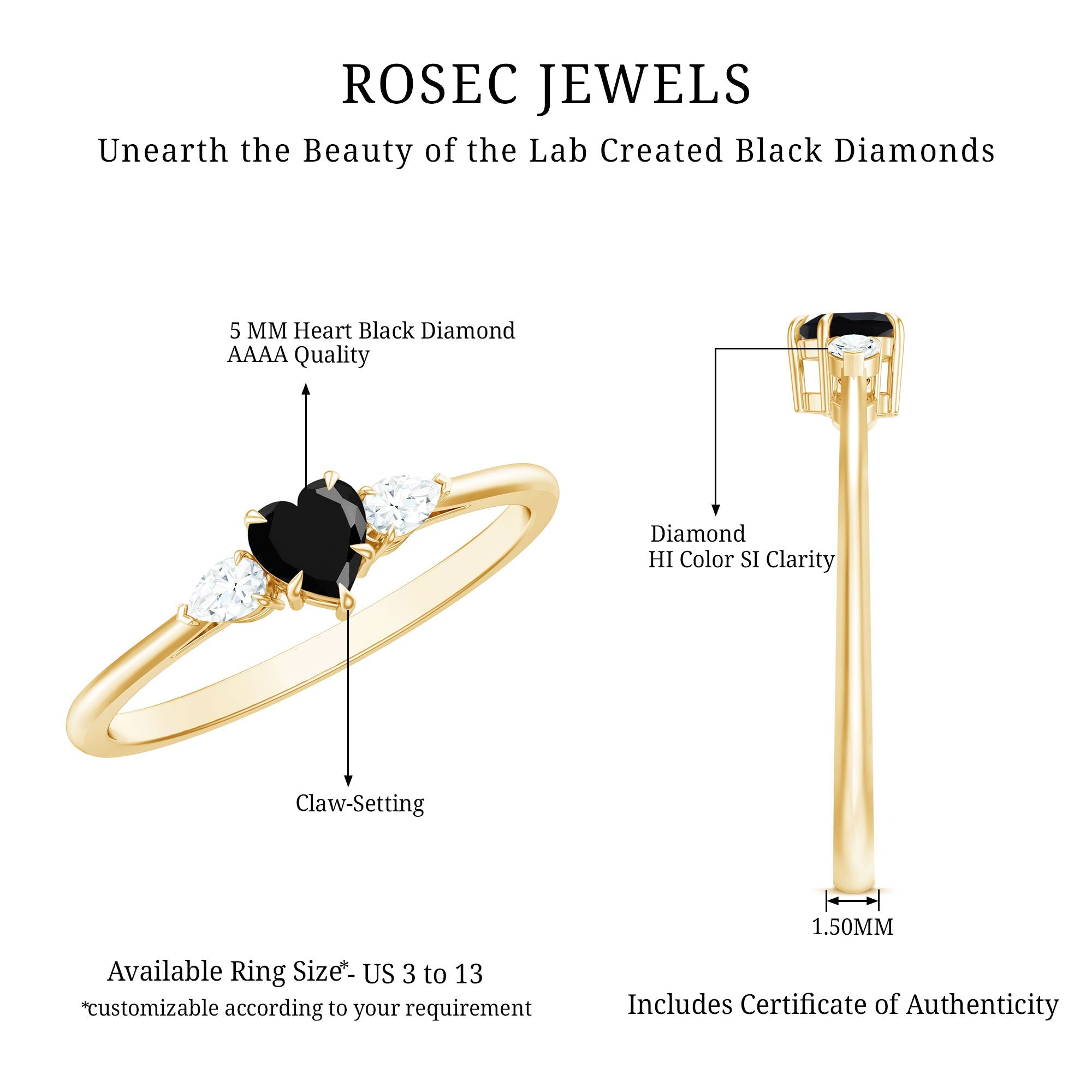 Certified Lab Grown Black Diamond Heart Promise Ring with White Diamond