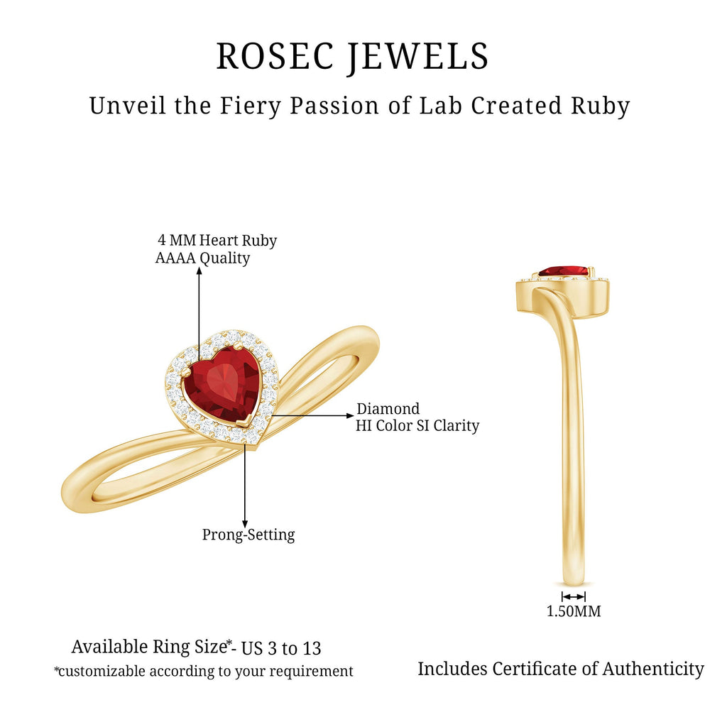Lab Grown Ruby Heart Promise Ring with Diamond Halo