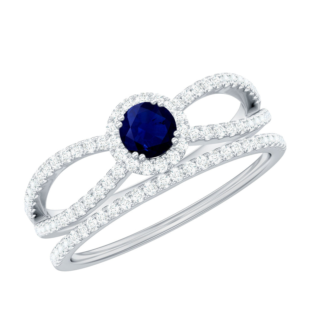 Real Blue Sapphire Diamond Wedding Bridal Ring Set for Women