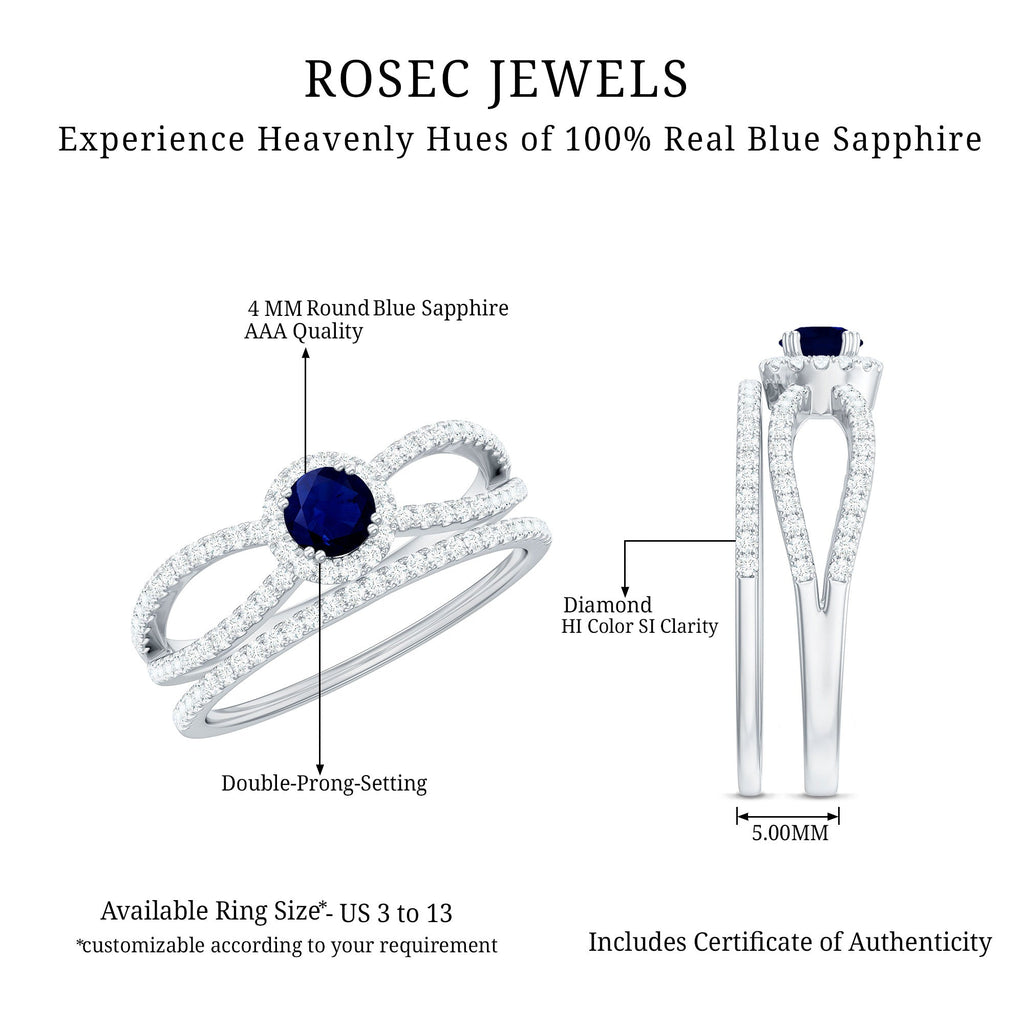 Real Blue Sapphire Diamond Wedding Bridal Ring Set for Women