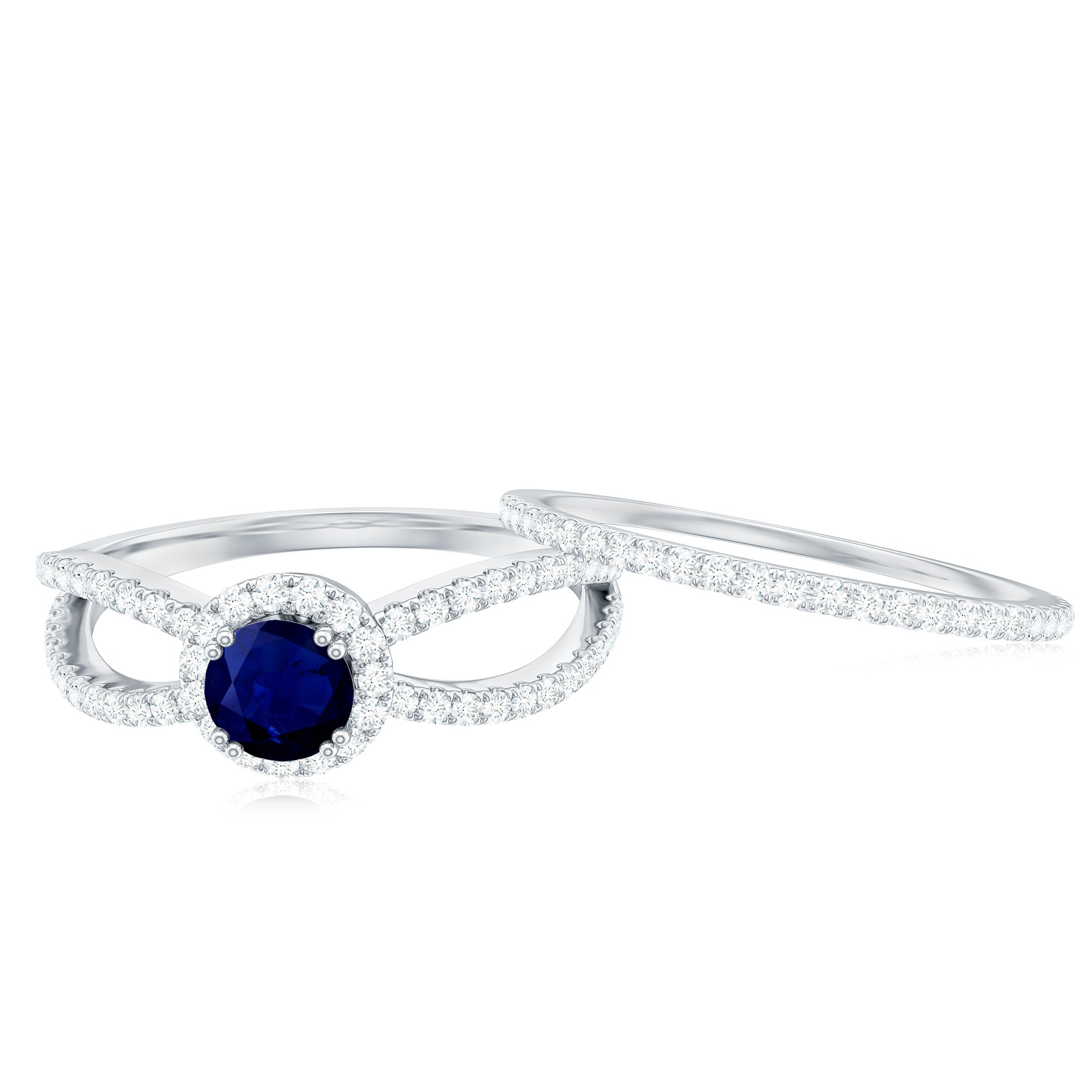 Real Blue Sapphire Diamond Wedding Bridal Ring Set for Women