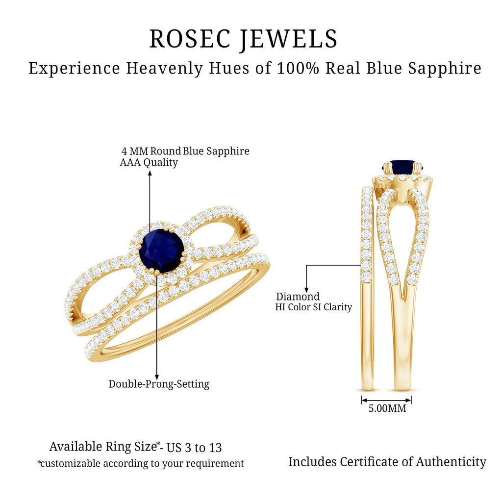 Real Blue Sapphire Diamond Wedding Bridal Ring Set for Women
