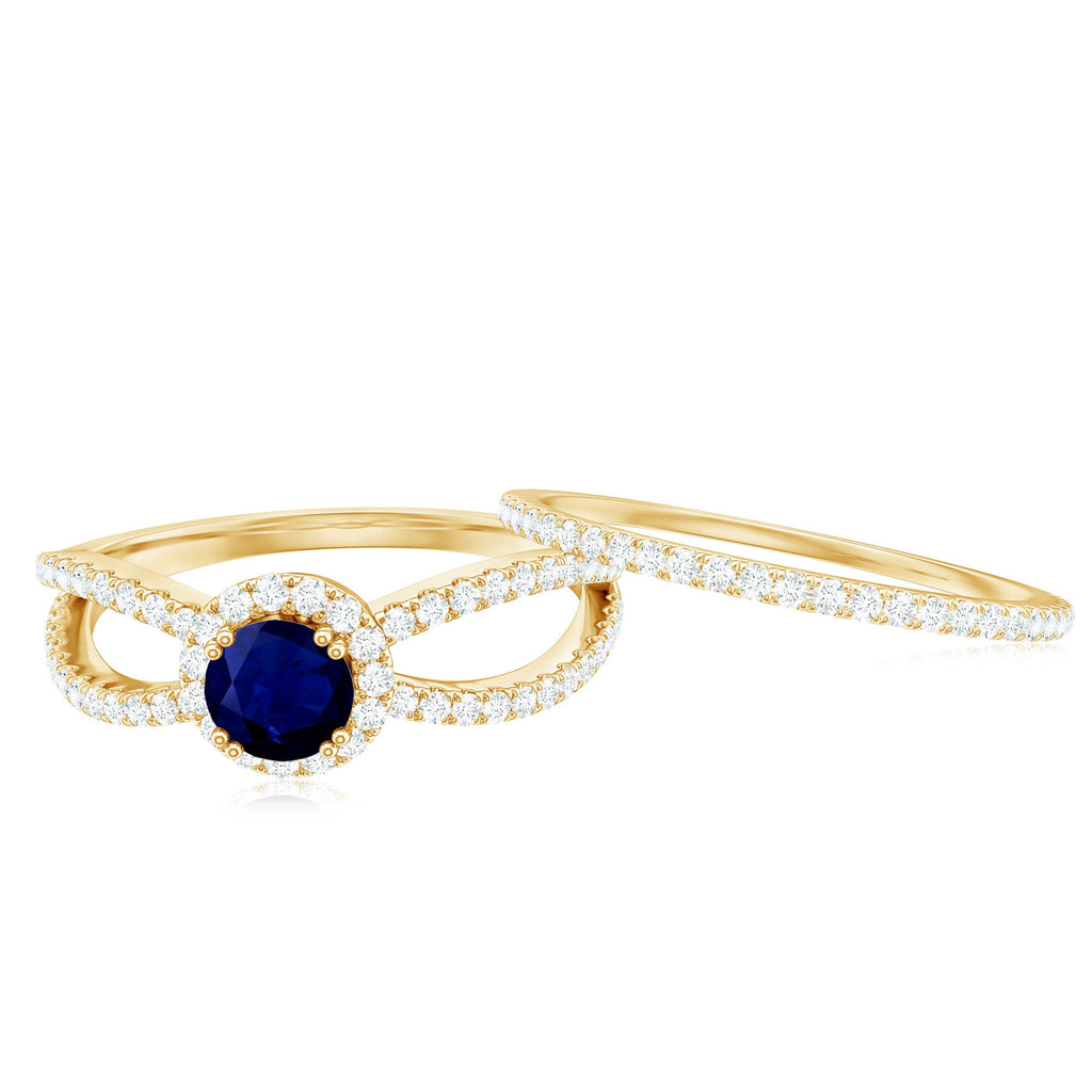 Real Blue Sapphire Diamond Wedding Bridal Ring Set for Women