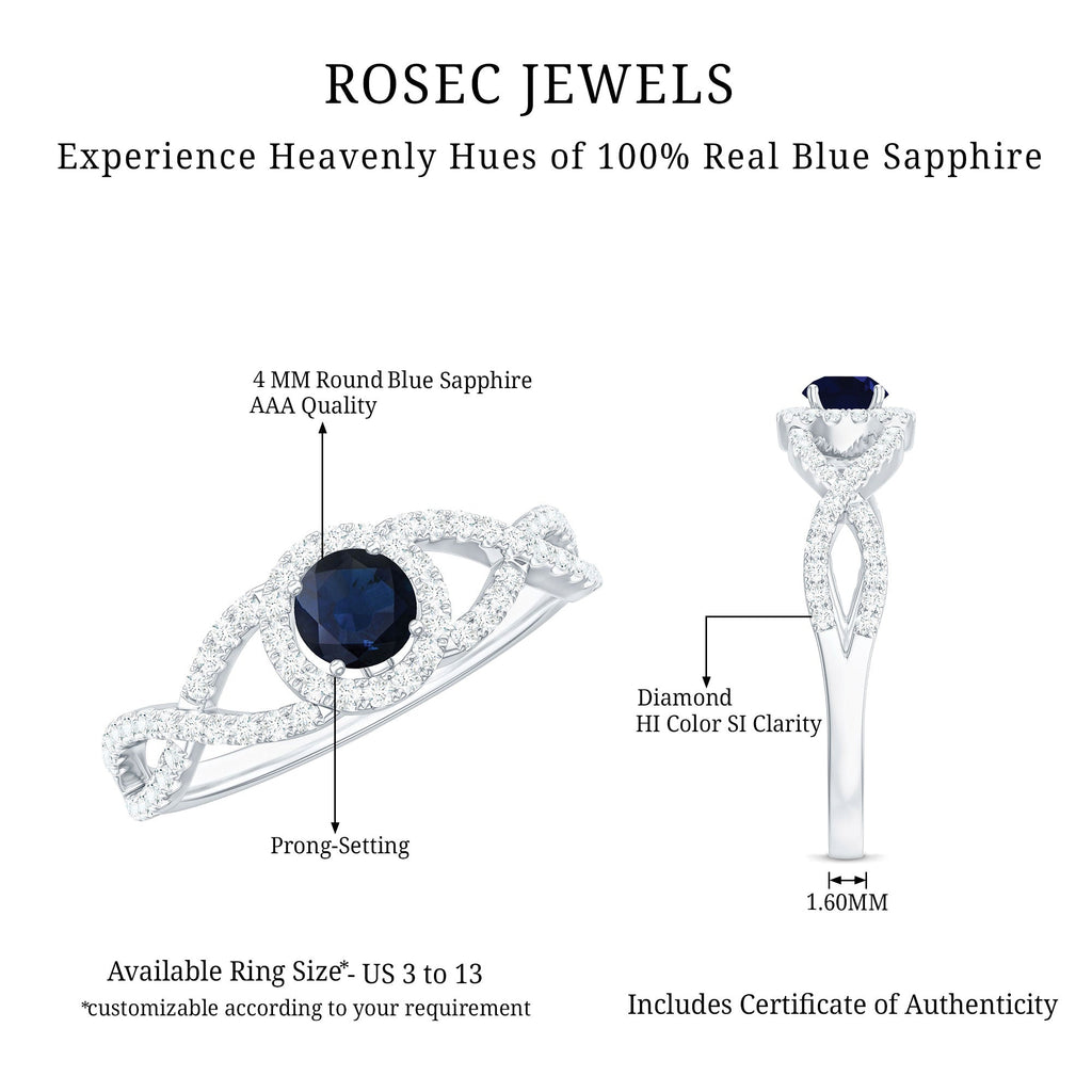 Criss Cross Shank Blue Sapphire and Diamond Halo Engagement Ring