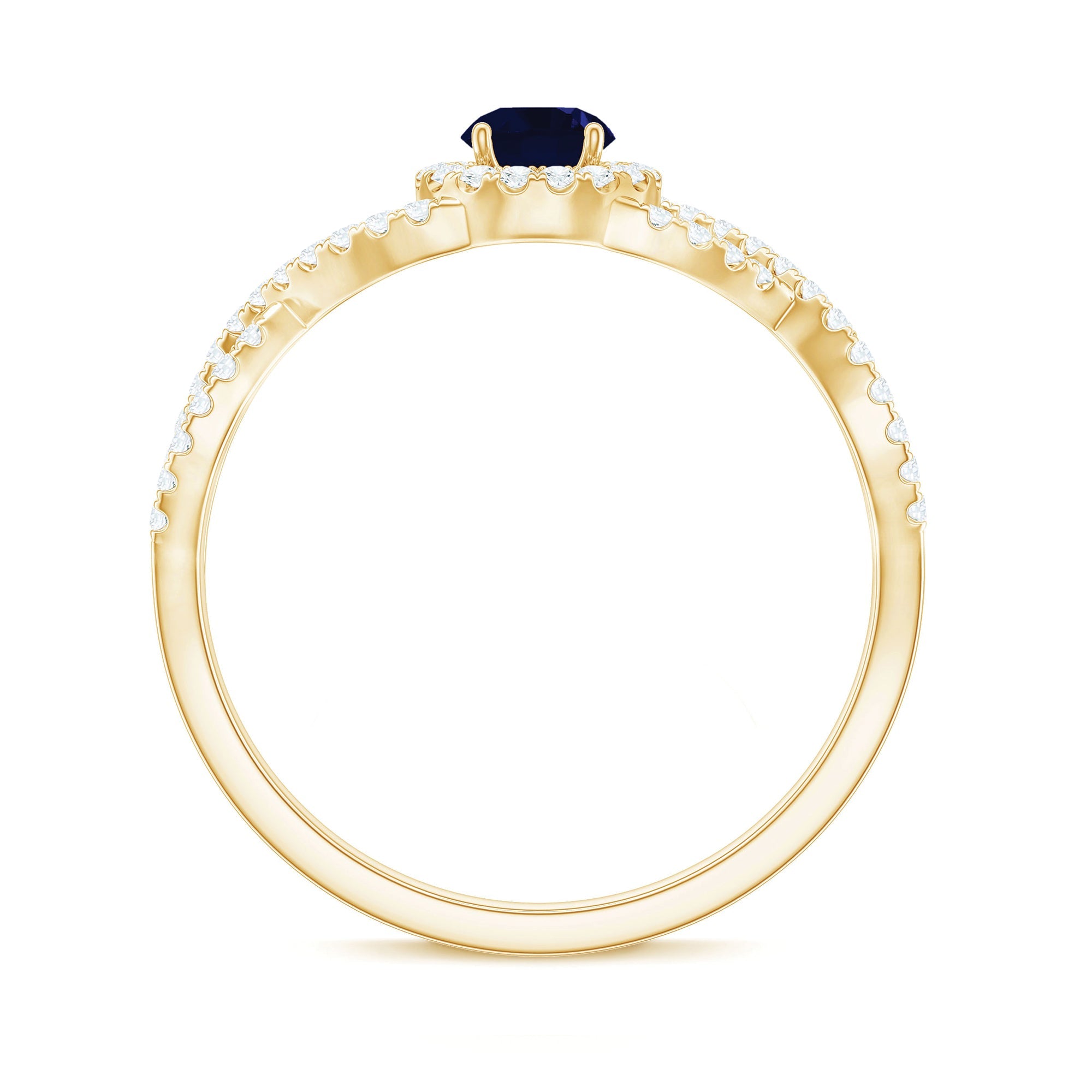 Criss Cross Shank Blue Sapphire and Diamond Halo Engagement Ring