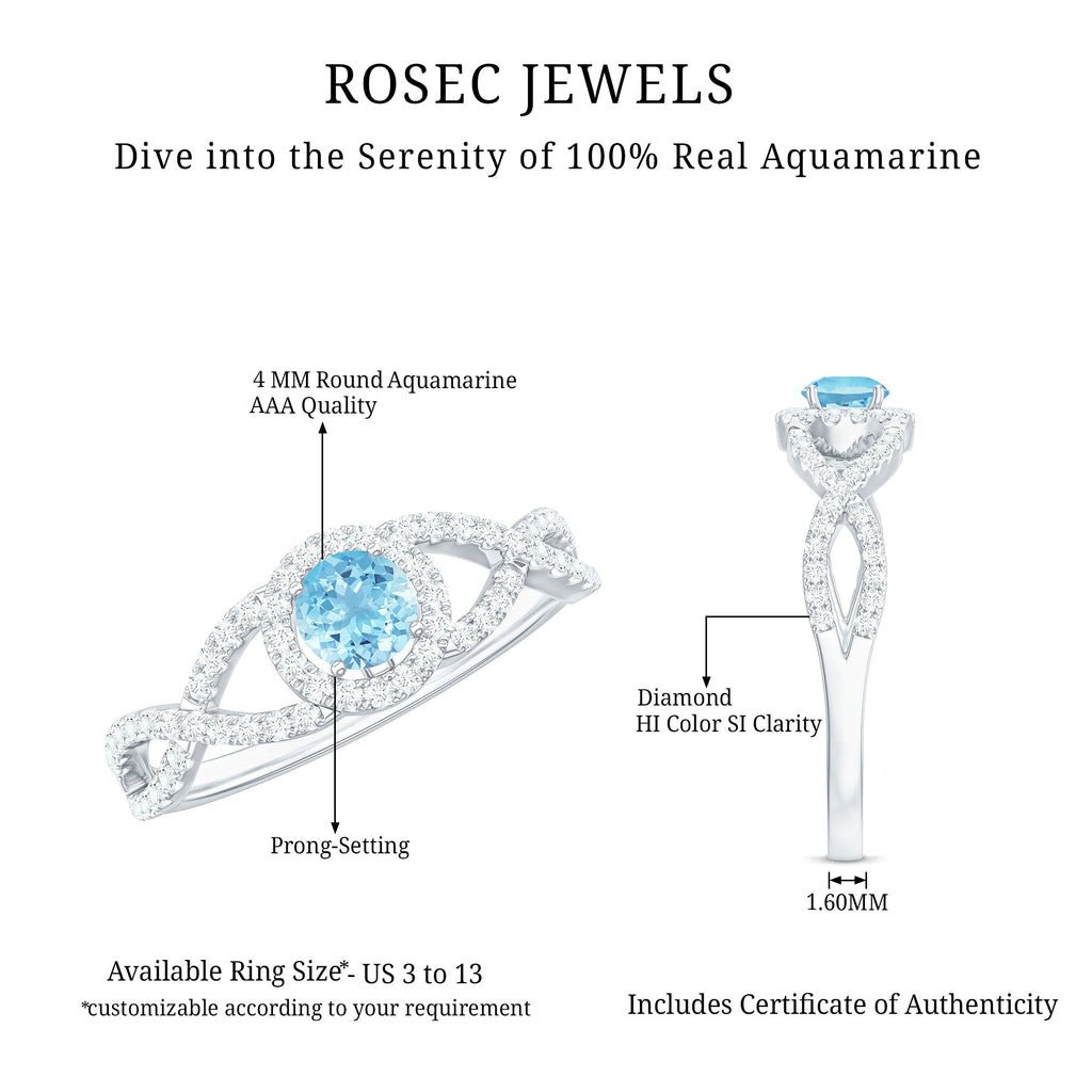 Real Aquamarine Criss Cross Engagement Ring with Diamond Halo
