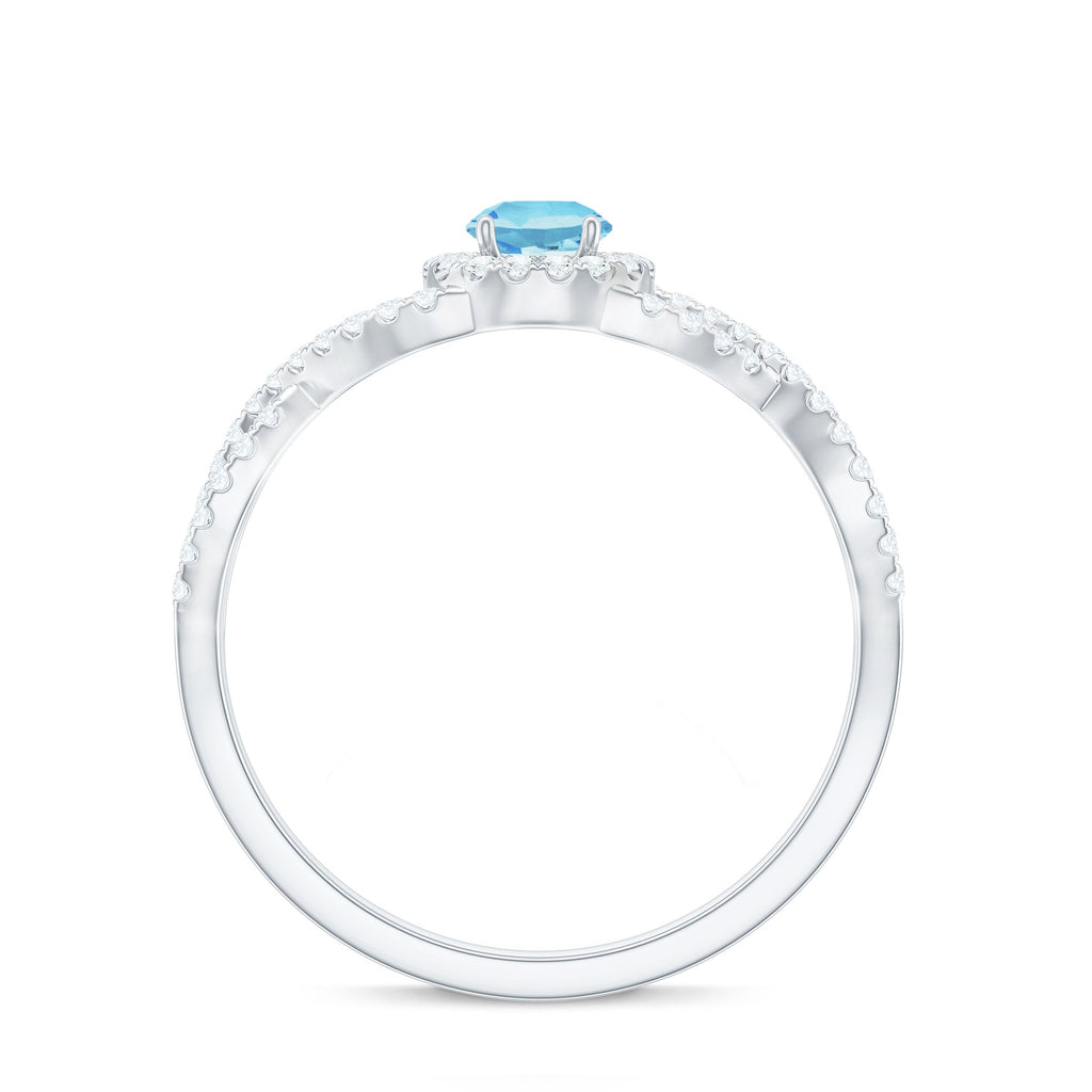 Real Aquamarine Criss Cross Engagement Ring with Diamond Halo