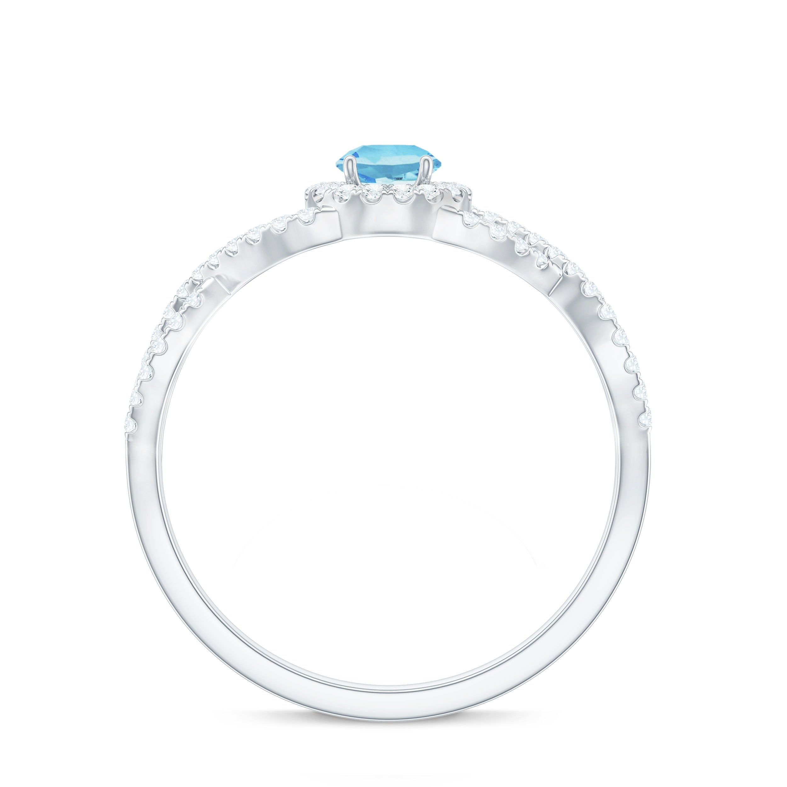 Real Aquamarine Criss Cross Engagement Ring with Diamond Halo