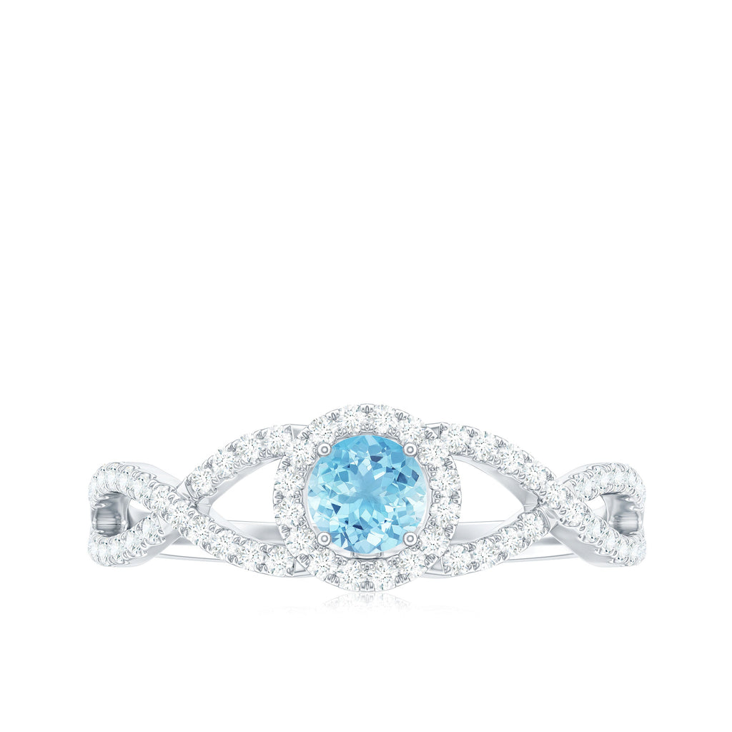 Real Aquamarine Criss Cross Engagement Ring with Diamond Halo