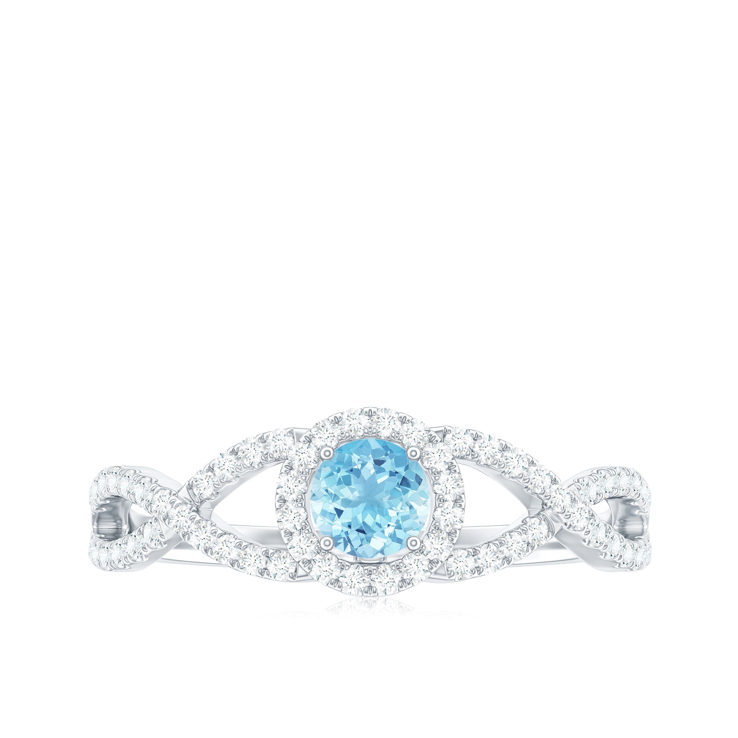 Real Aquamarine Criss Cross Engagement Ring with Diamond Halo