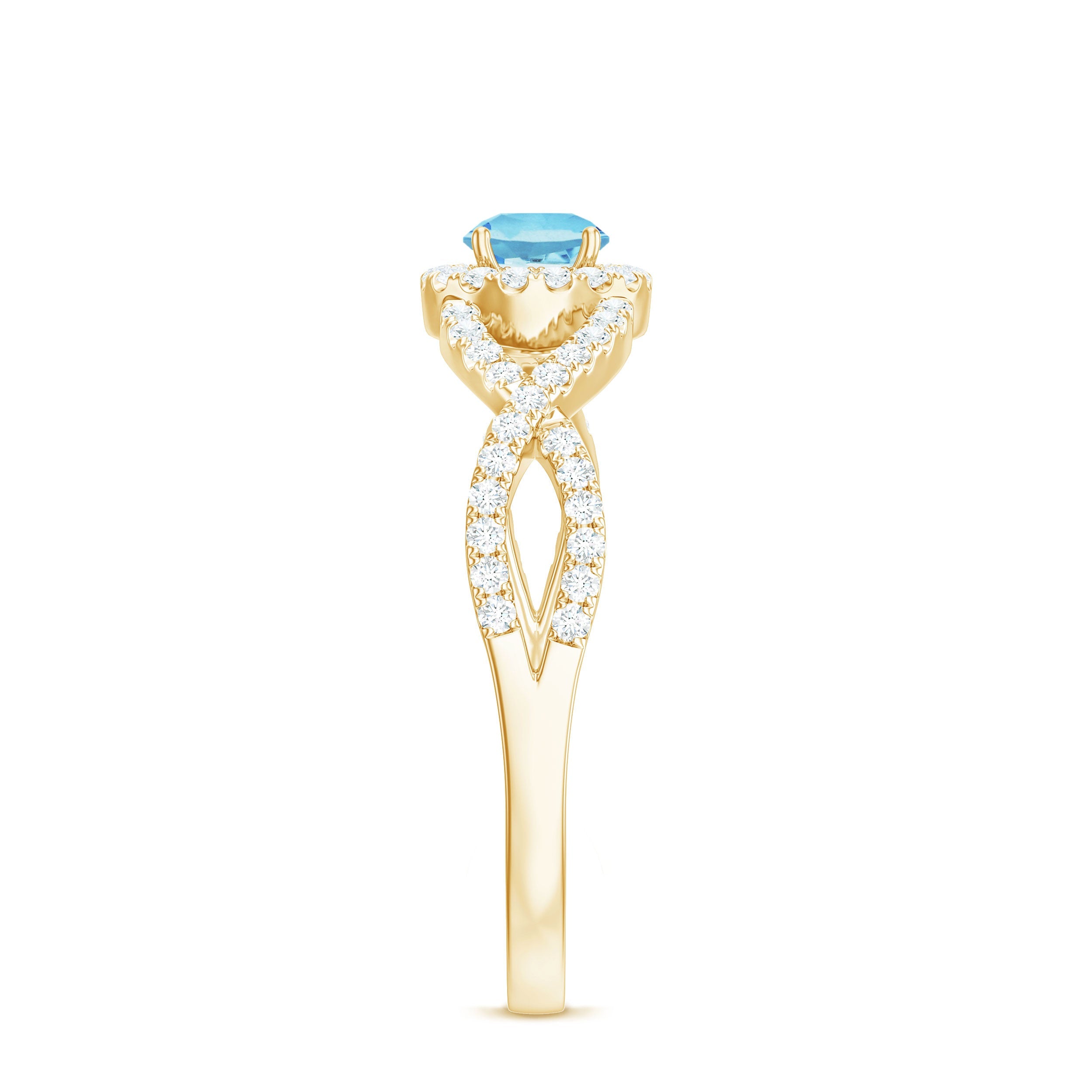 Real Aquamarine Criss Cross Engagement Ring with Diamond Halo