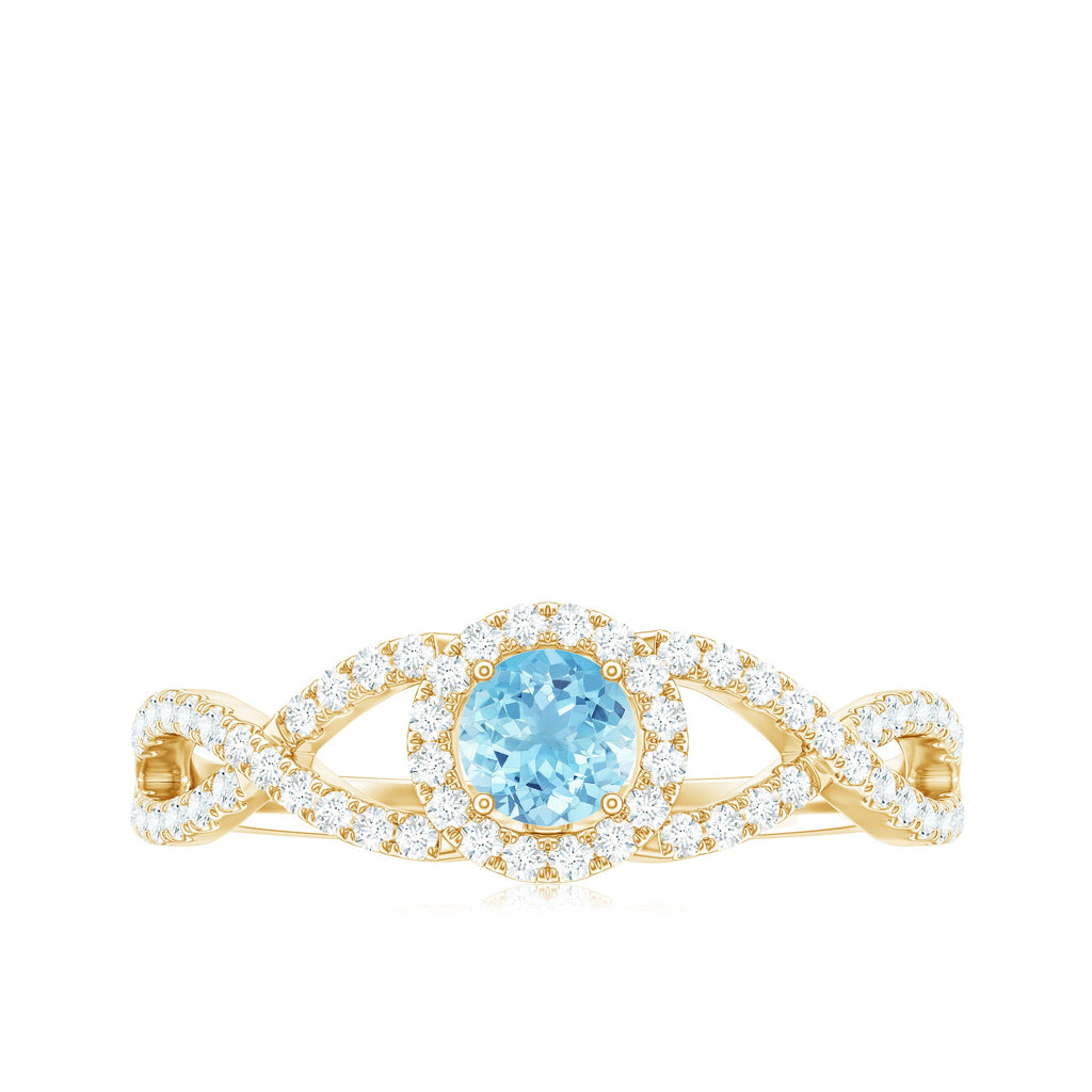 Real Aquamarine Criss Cross Engagement Ring with Diamond Halo