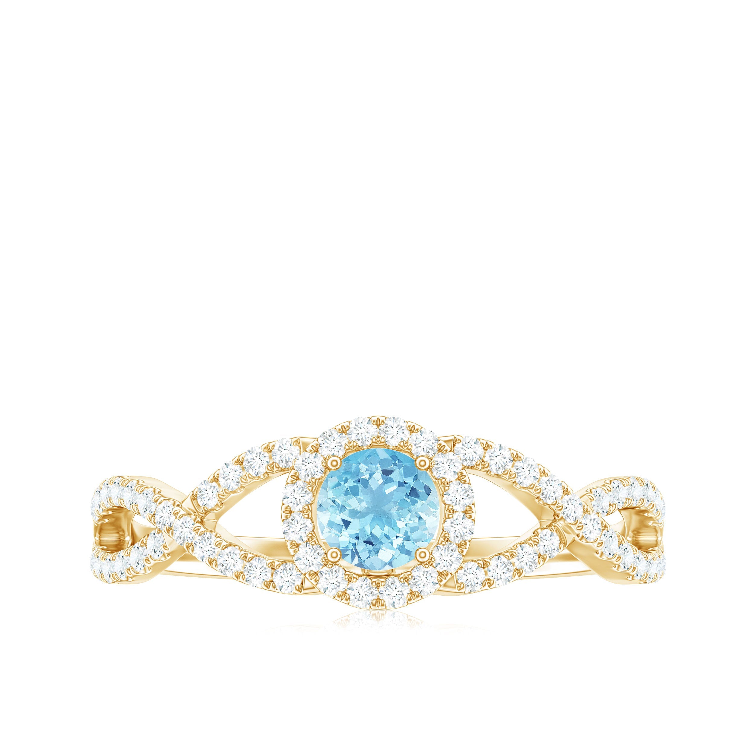 Real Aquamarine Criss Cross Engagement Ring with Diamond Halo