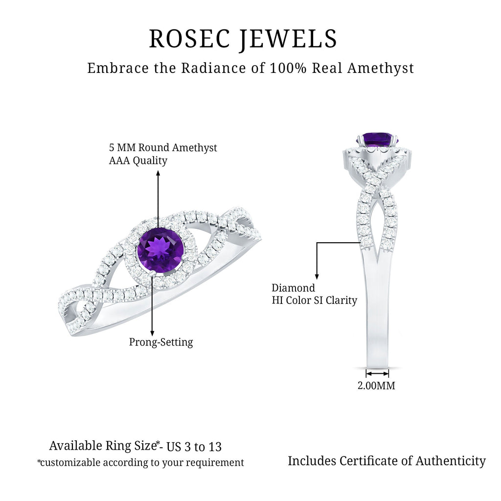 Real Amethyst Diamond Halo Engagement Ring with Criss Cross Shank