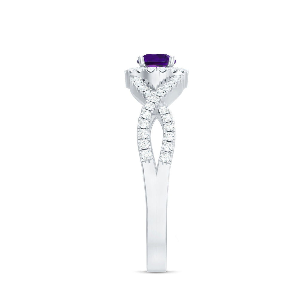 Real Amethyst Diamond Halo Engagement Ring with Criss Cross Shank