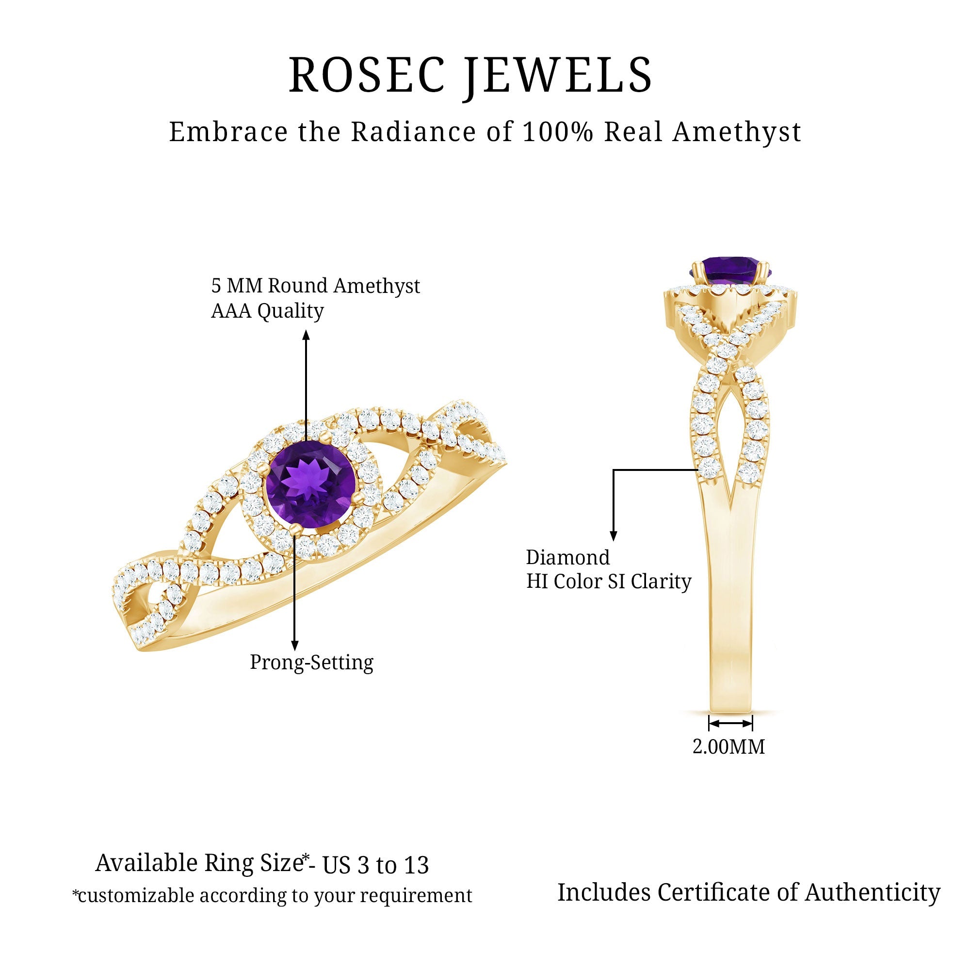 Real Amethyst Diamond Halo Engagement Ring with Criss Cross Shank