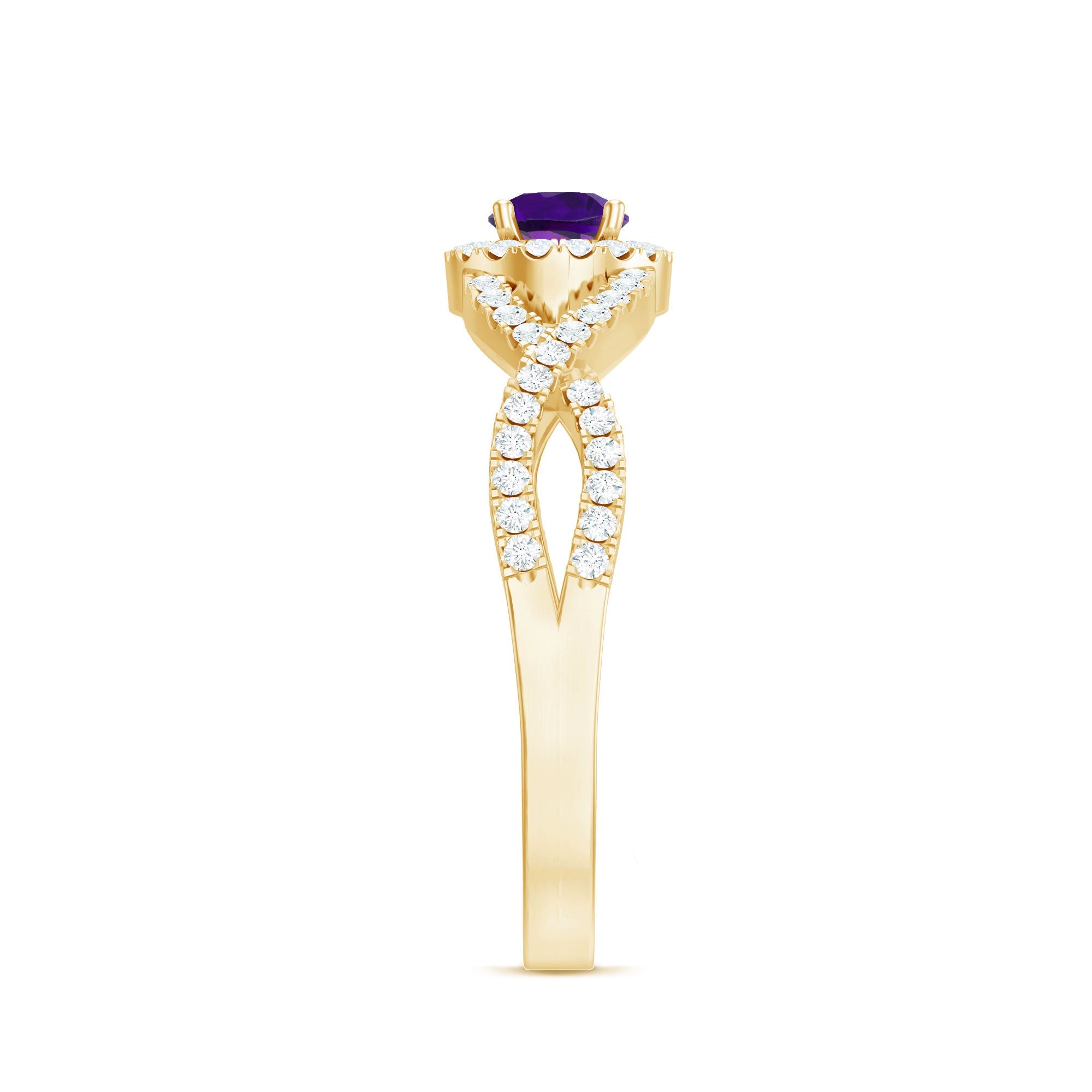 Real Amethyst Diamond Halo Engagement Ring with Criss Cross Shank