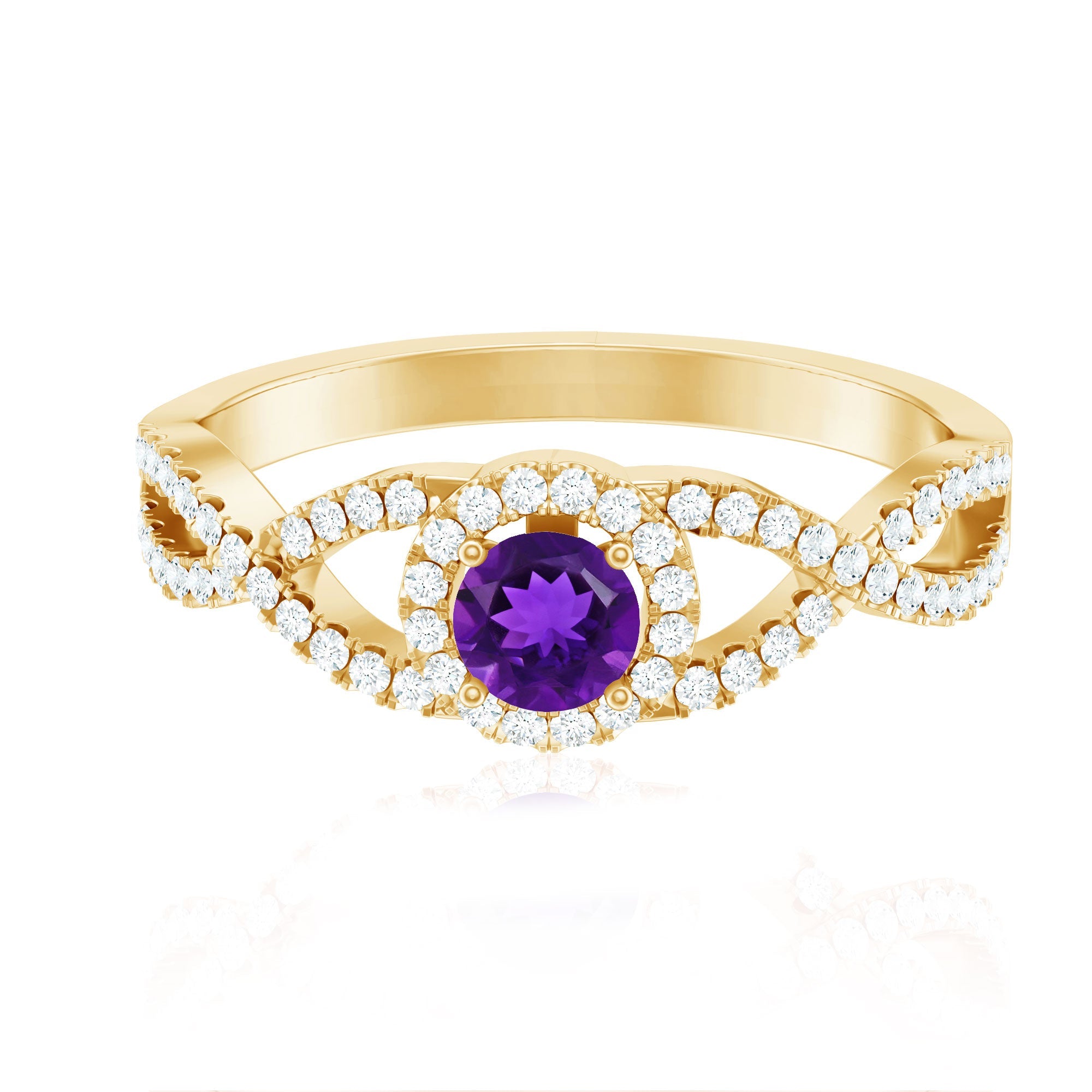 Real Amethyst Diamond Halo Engagement Ring with Criss Cross Shank