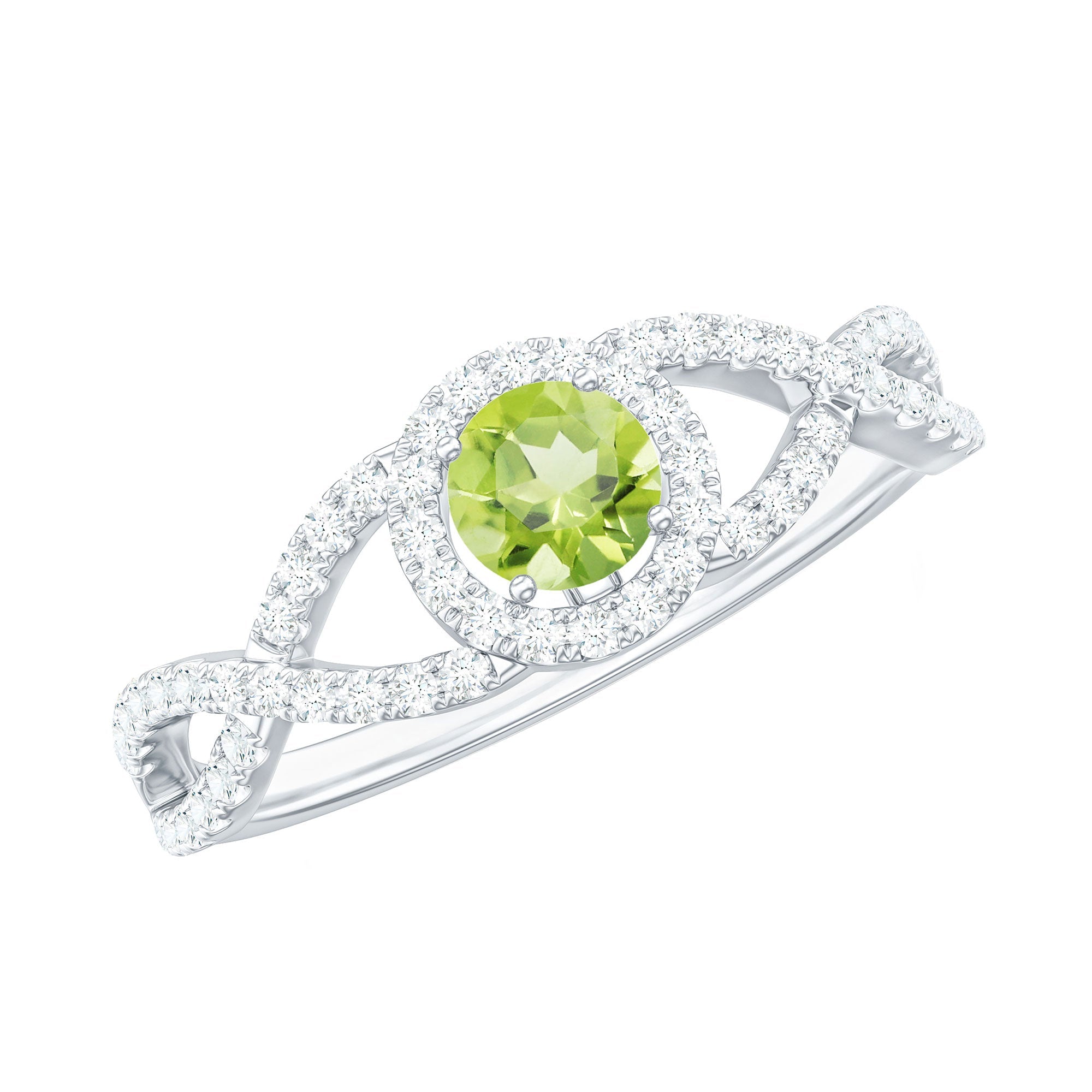 Natural 0.5 Carat Peridot Engagement Ring with Diamond Criss Cross Shank