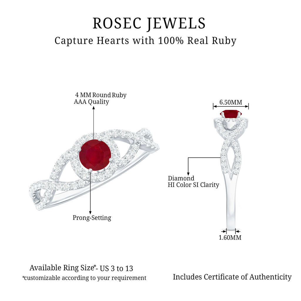 Genuine Ruby Engagement Ring with Diamond Criss Cross Shank