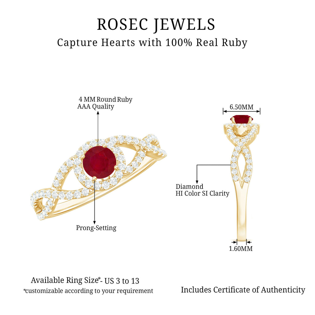 Genuine Ruby Engagement Ring with Diamond Criss Cross Shank