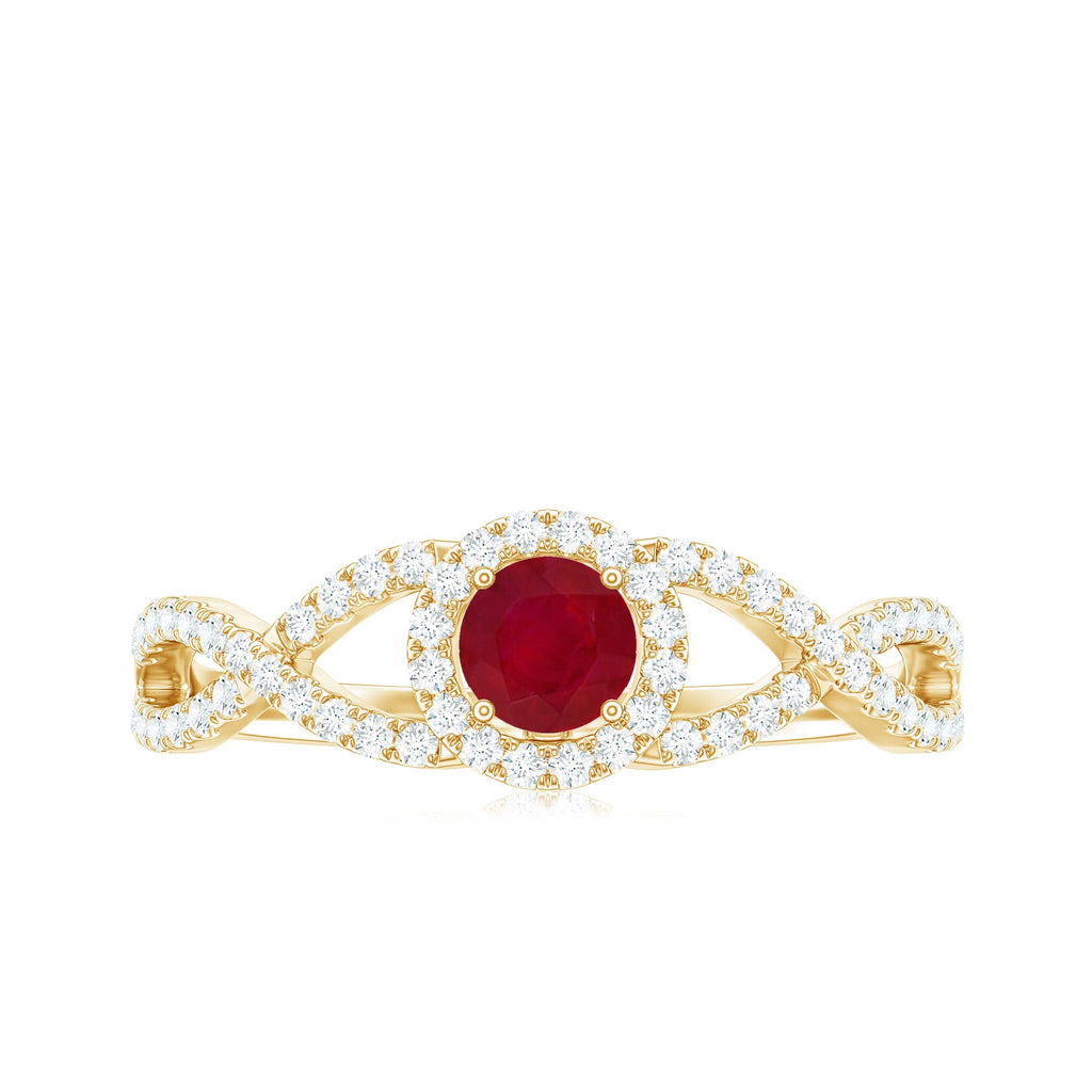 Genuine Ruby Engagement Ring with Diamond Criss Cross Shank