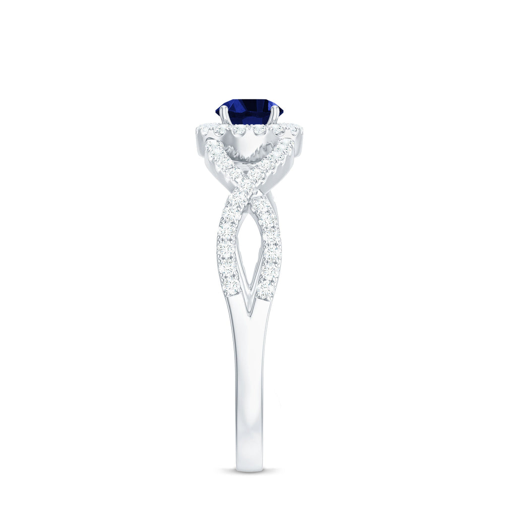 Certified 0.6 Carat Lab Grown Blue Sapphire Crossover Engagement Ring with Diamond