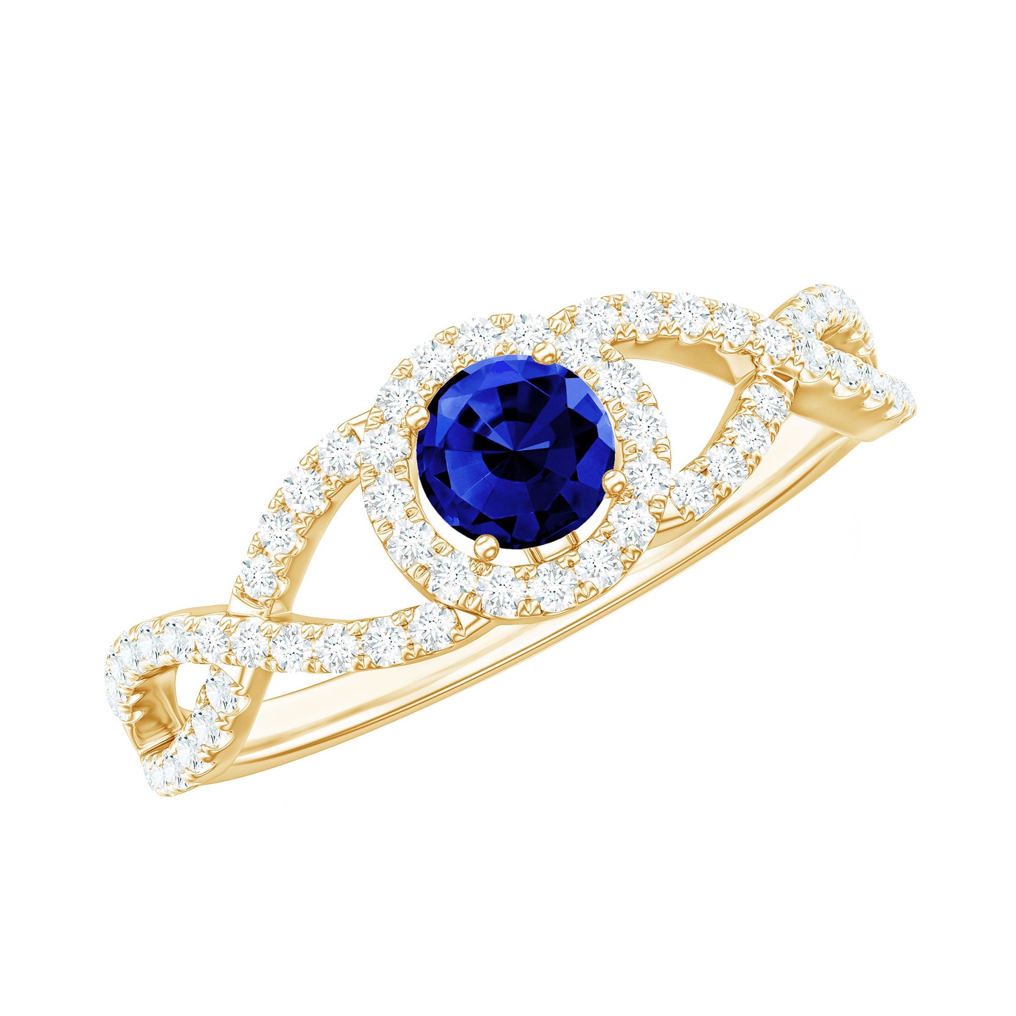 Certified 0.6 Carat Lab Grown Blue Sapphire Crossover Engagement Ring with Diamond