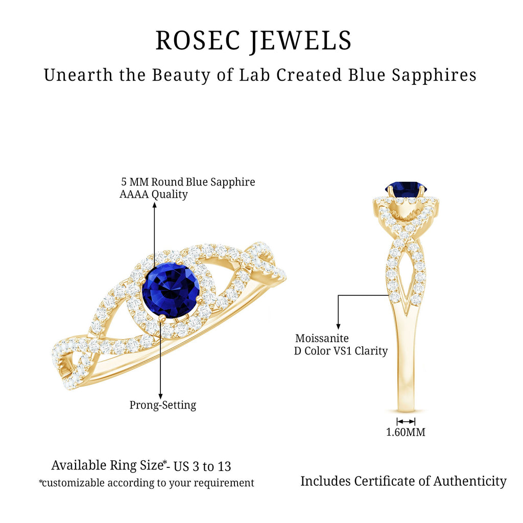 Certified 0.6 Carat Lab Grown Blue Sapphire Crossover Engagement Ring with Diamond
