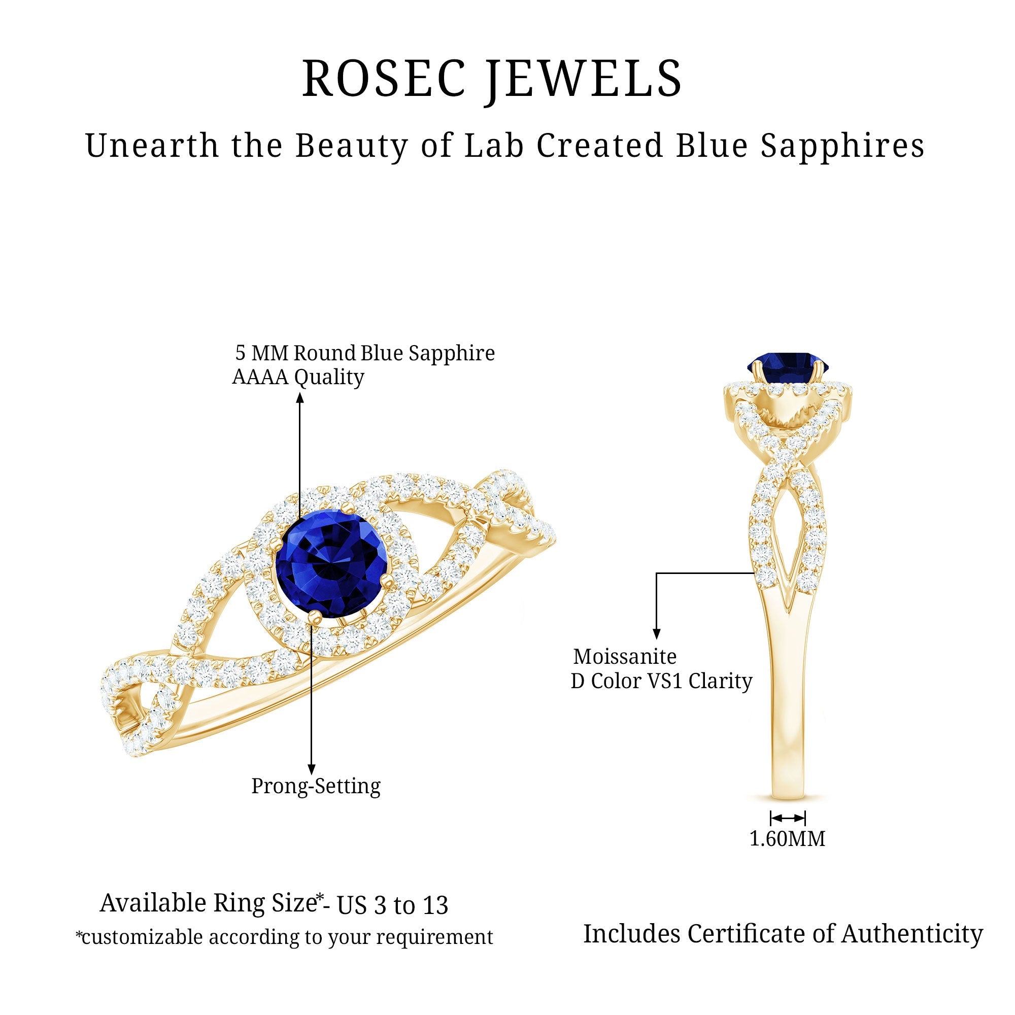 Certified 0.6 Carat Lab Grown Blue Sapphire Crossover Engagement Ring with Diamond