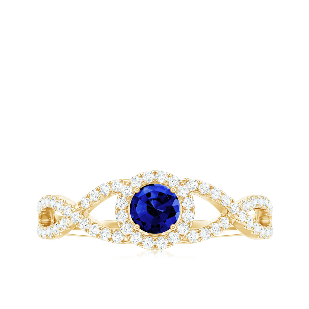 Certified 0.6 Carat Lab Grown Blue Sapphire Crossover Engagement Ring with Diamond