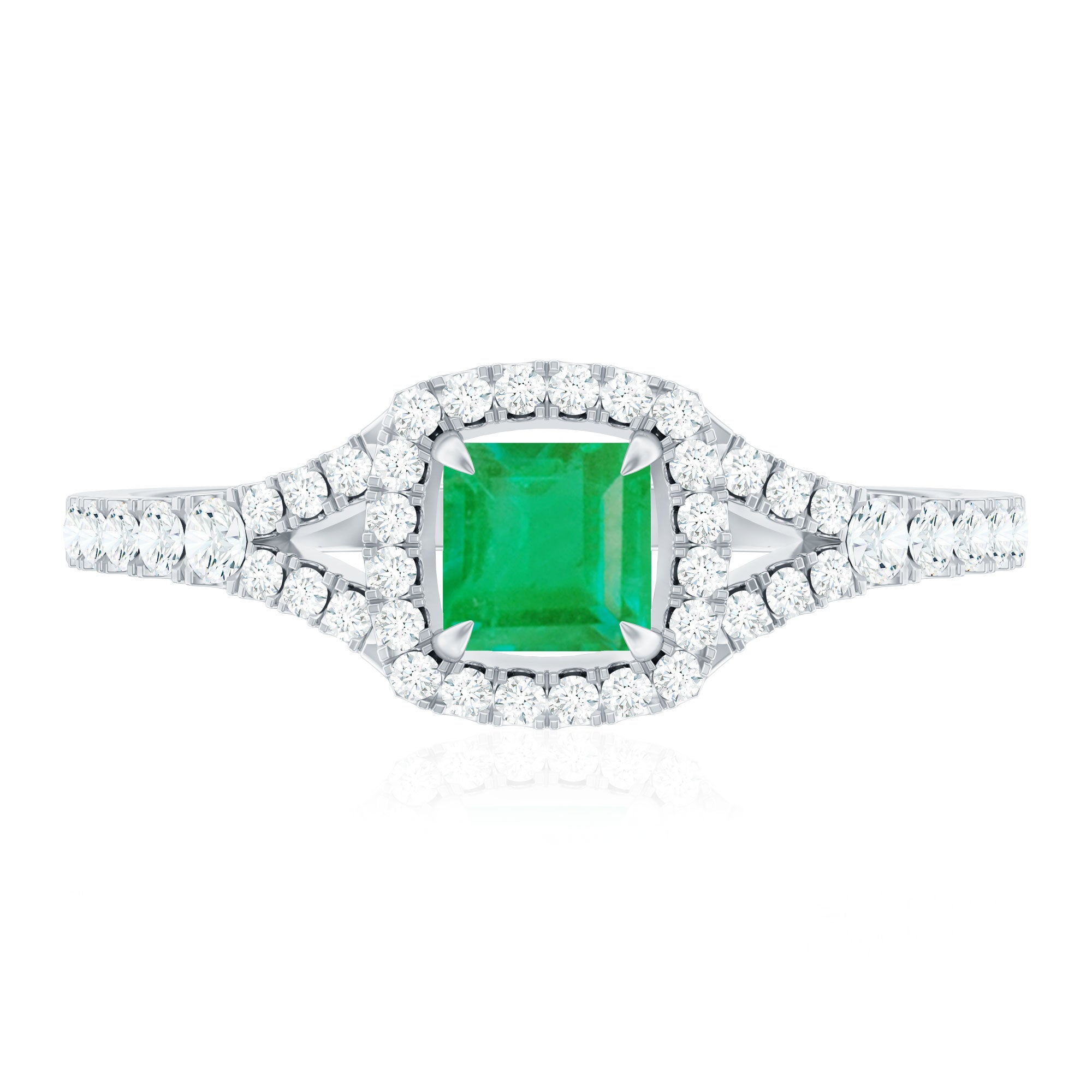 Princess Cut Emerald Engagement Ring with Diamond Split Shank