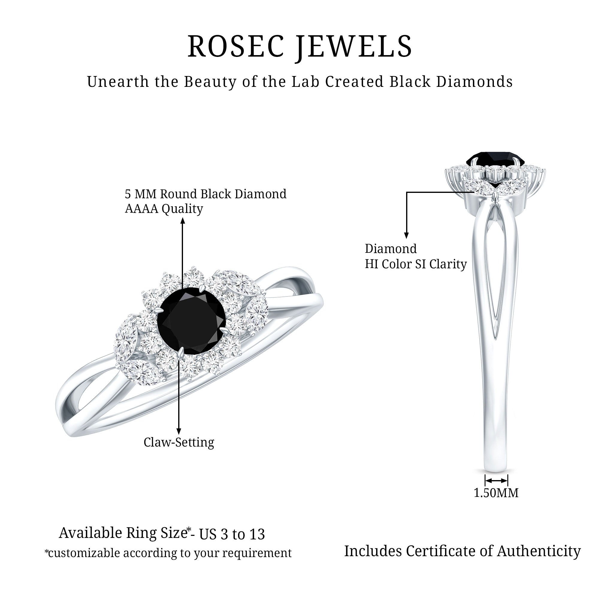 Split Shank Created Black Diamond Flower Ring with Diamond Accent