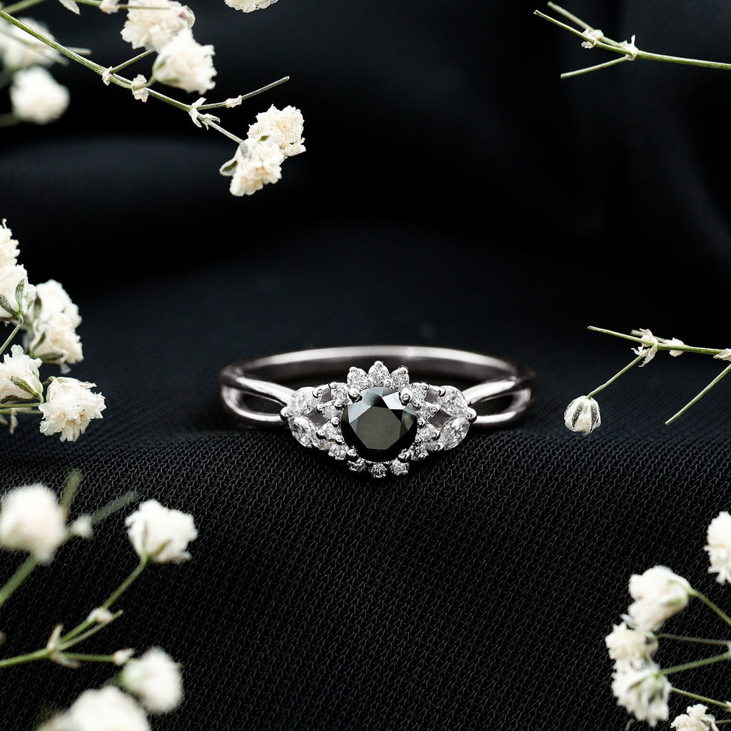 Split Shank Created Black Diamond Flower Ring with Diamond Accent