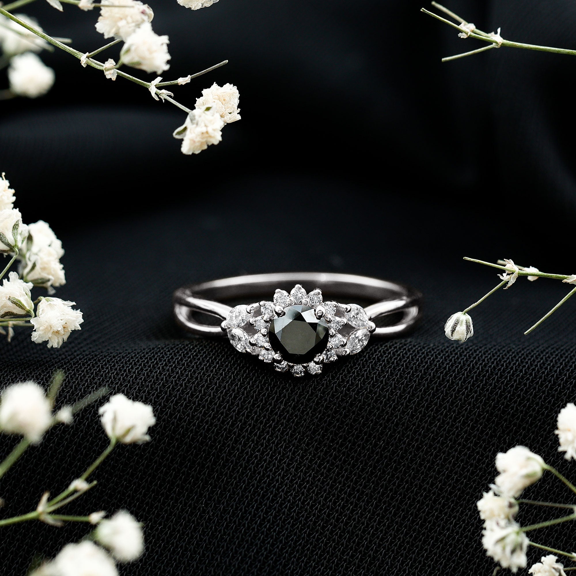 Split Shank Created Black Diamond Flower Ring with Diamond Accent