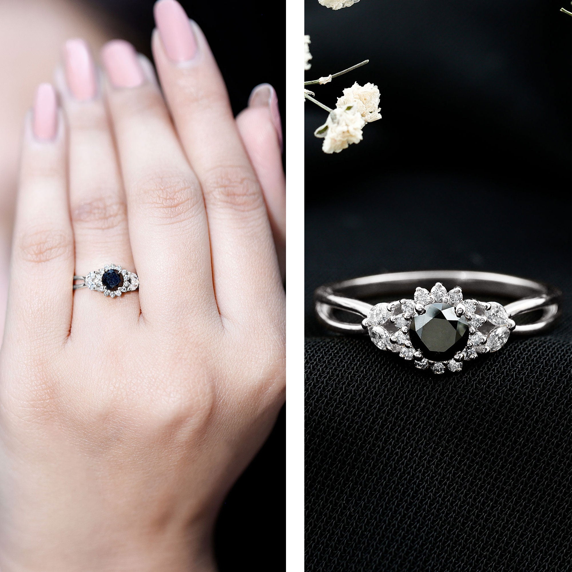 Split Shank Created Black Diamond Flower Ring with Diamond Accent