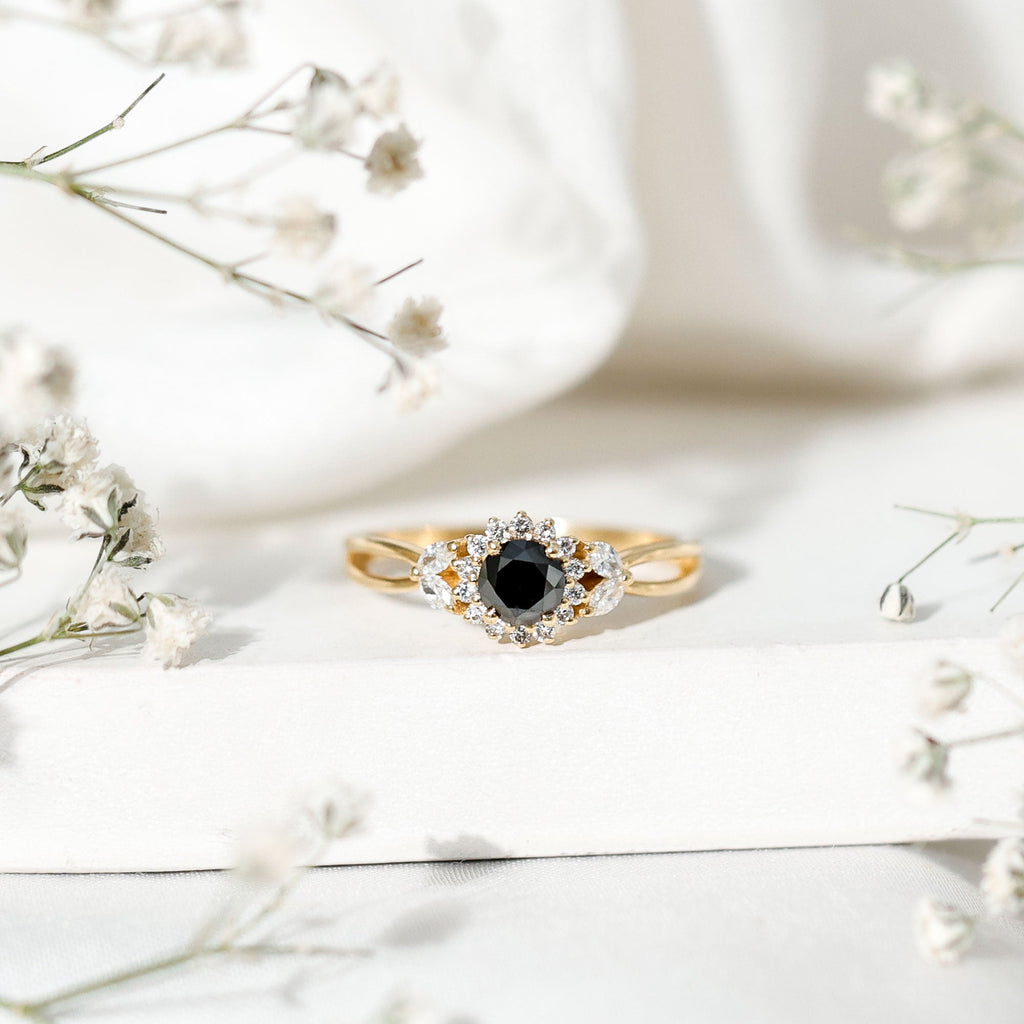 Split Shank Created Black Diamond Flower Ring with Diamond Accent