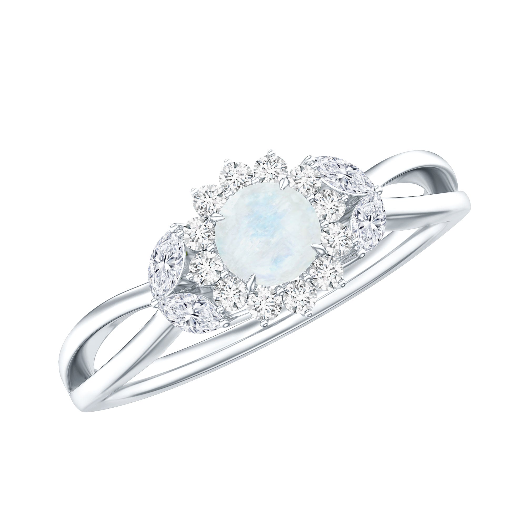 Real Moonstone and Diamond Flower Engagement Ring with Split Shank